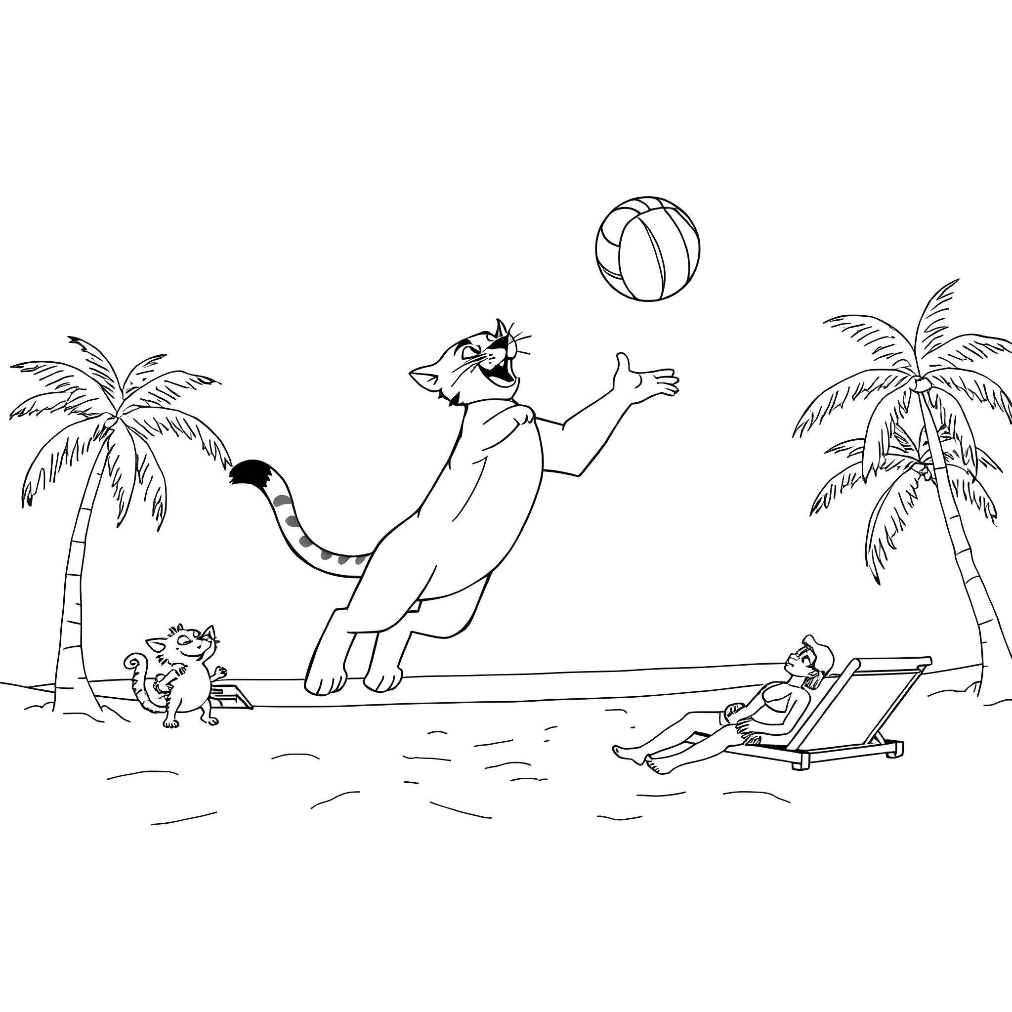 Cougar playing with beach ball on tropical beach Coloring Page (free black-and-white line drawing printable PDF for all, from beginners to advanced learners, including children, teens, adults, and seniors)