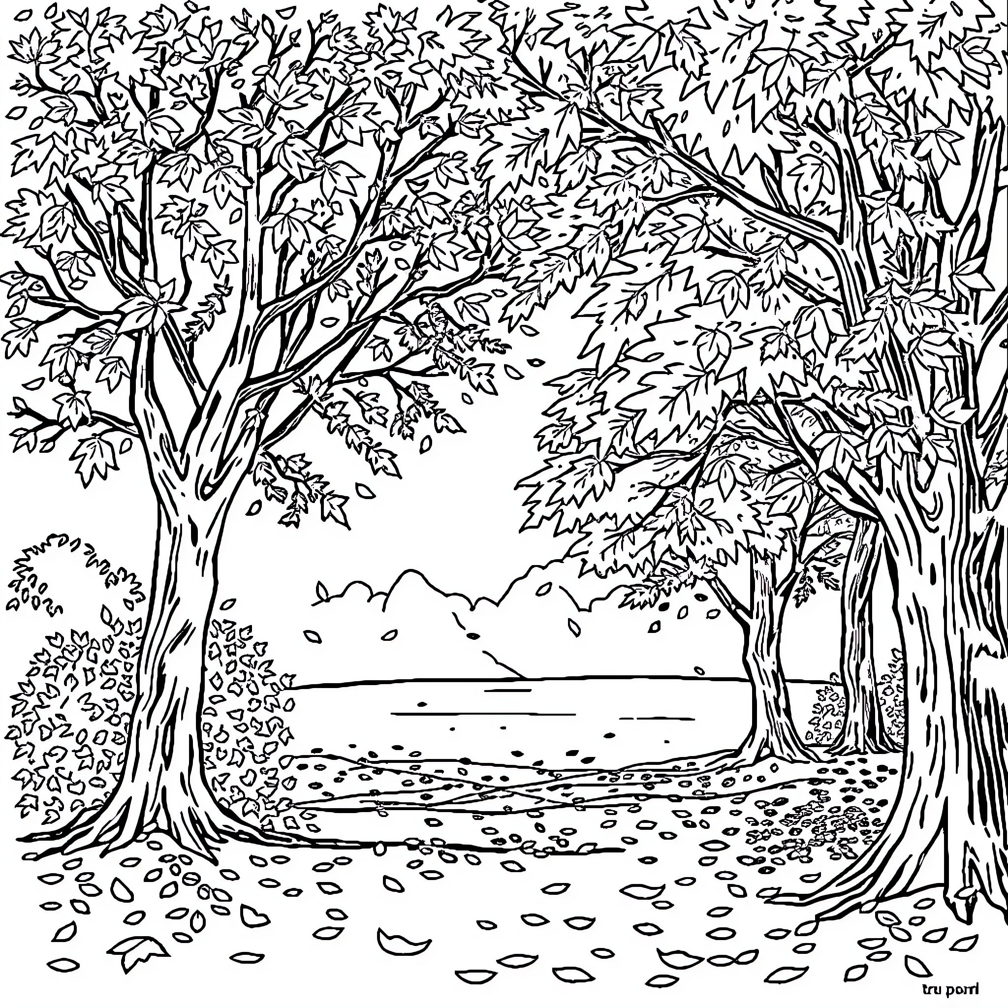 Fall forest with trees and landscape Coloring Page (free black-and-white line drawing printable PDF for all, from beginners to advanced learners, including children, teens, adults, and seniors)