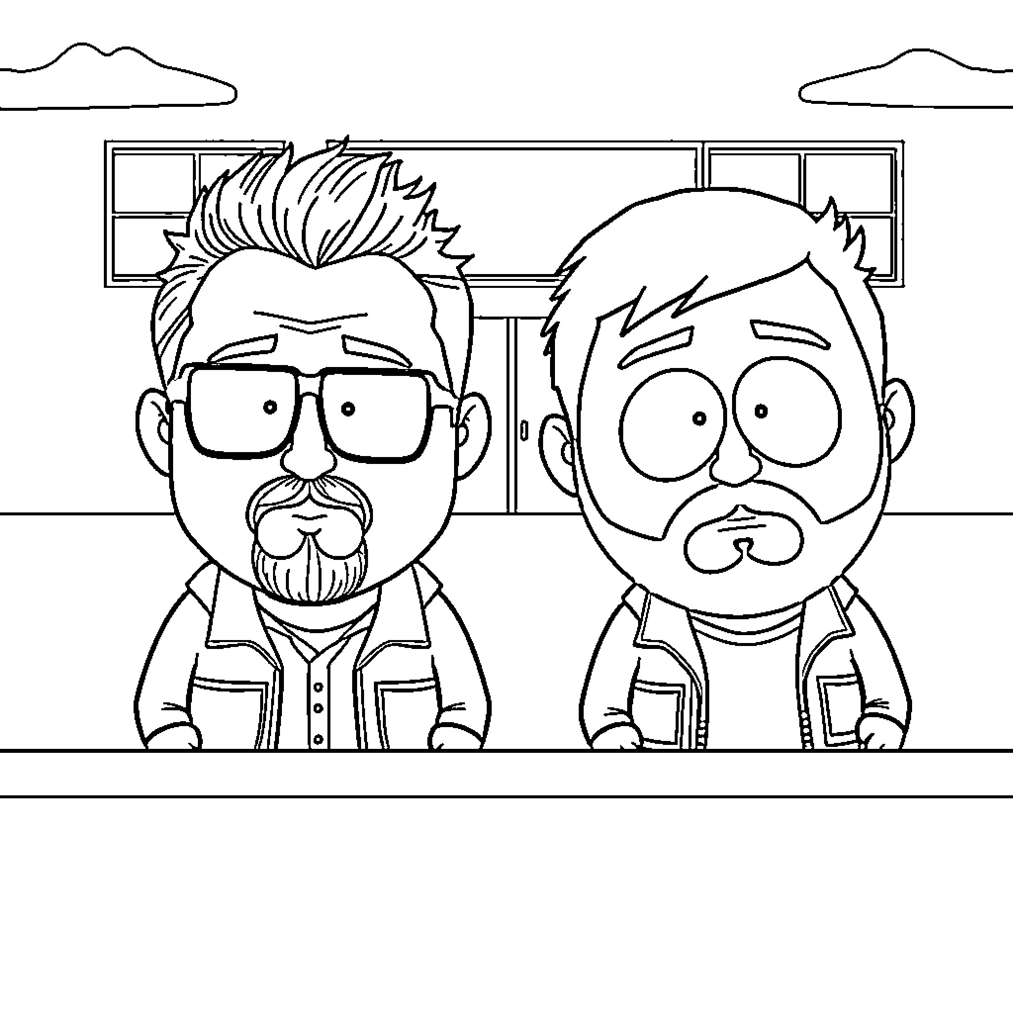Character portrait of two men with unique styles Coloring Page (free black-and-white line drawing printable PDF for all, from beginners to advanced learners, including children, teens, adults, and seniors)