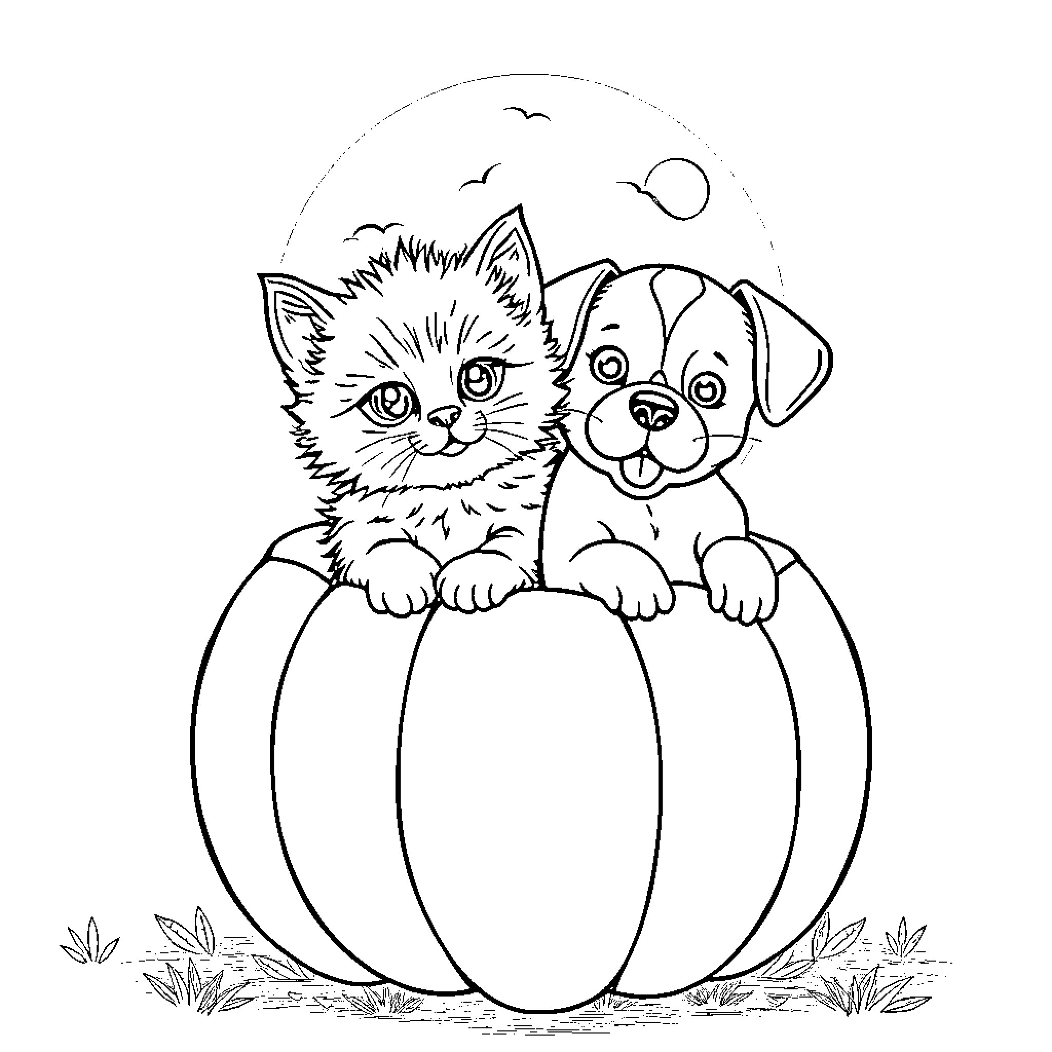 Kitten and Puppy in Pumpkin Coloring Page (free black-and-white line drawing printable PDF for all, from beginners to advanced learners, including children, teens, adults, and seniors)