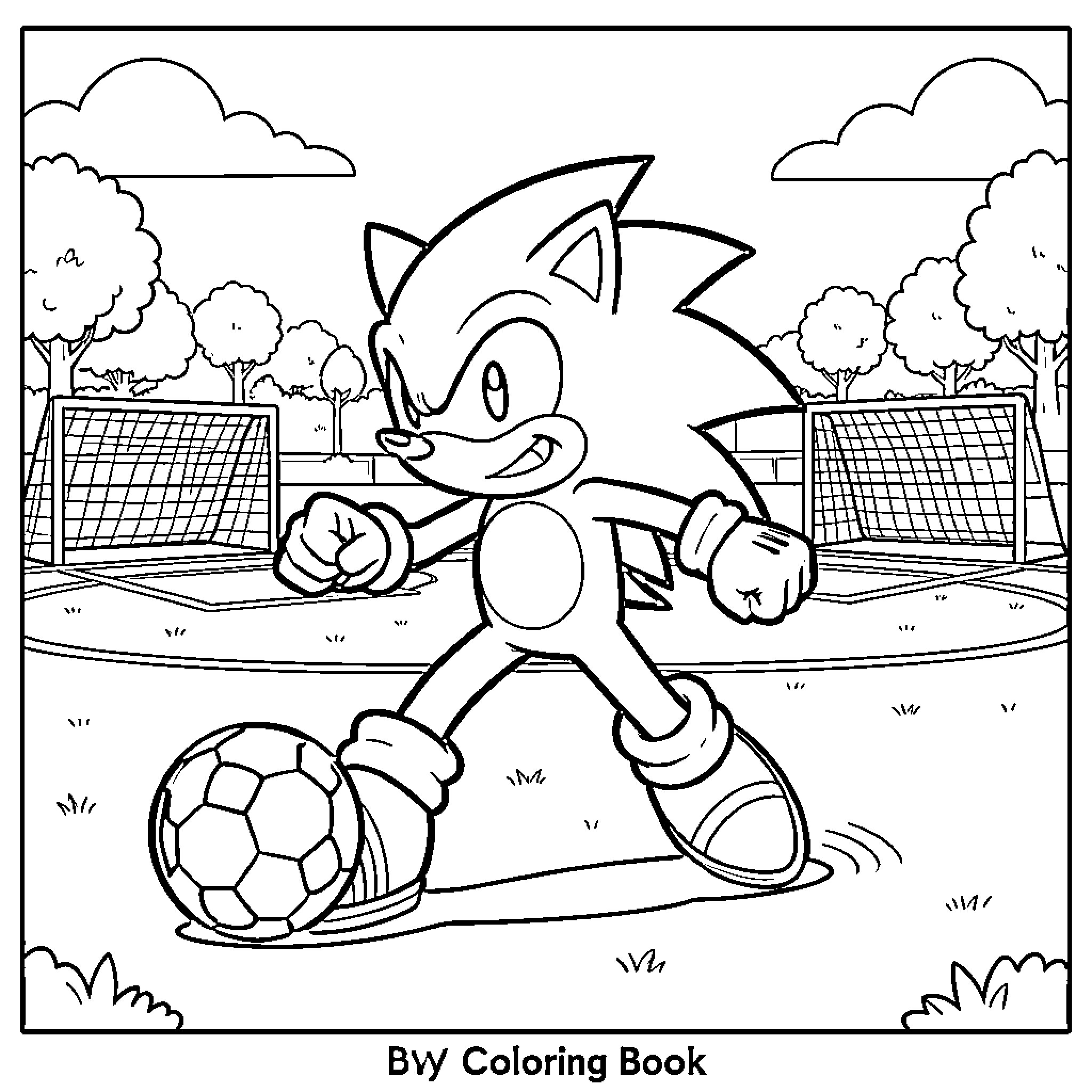 Sonic playing soccer on a field Coloring Page (free black-and-white line drawing printable PDF for all, from beginners to advanced learners, including children, teens, adults, and seniors)