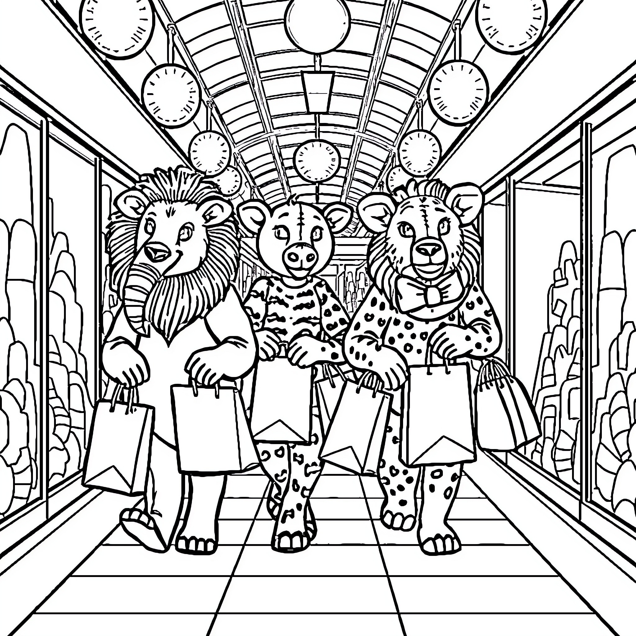 Zoo Animals Shopping in the City Coloring Page (free black-and-white line drawing printable PDF for all, from beginners to advanced learners, including children, teens, adults, and seniors)