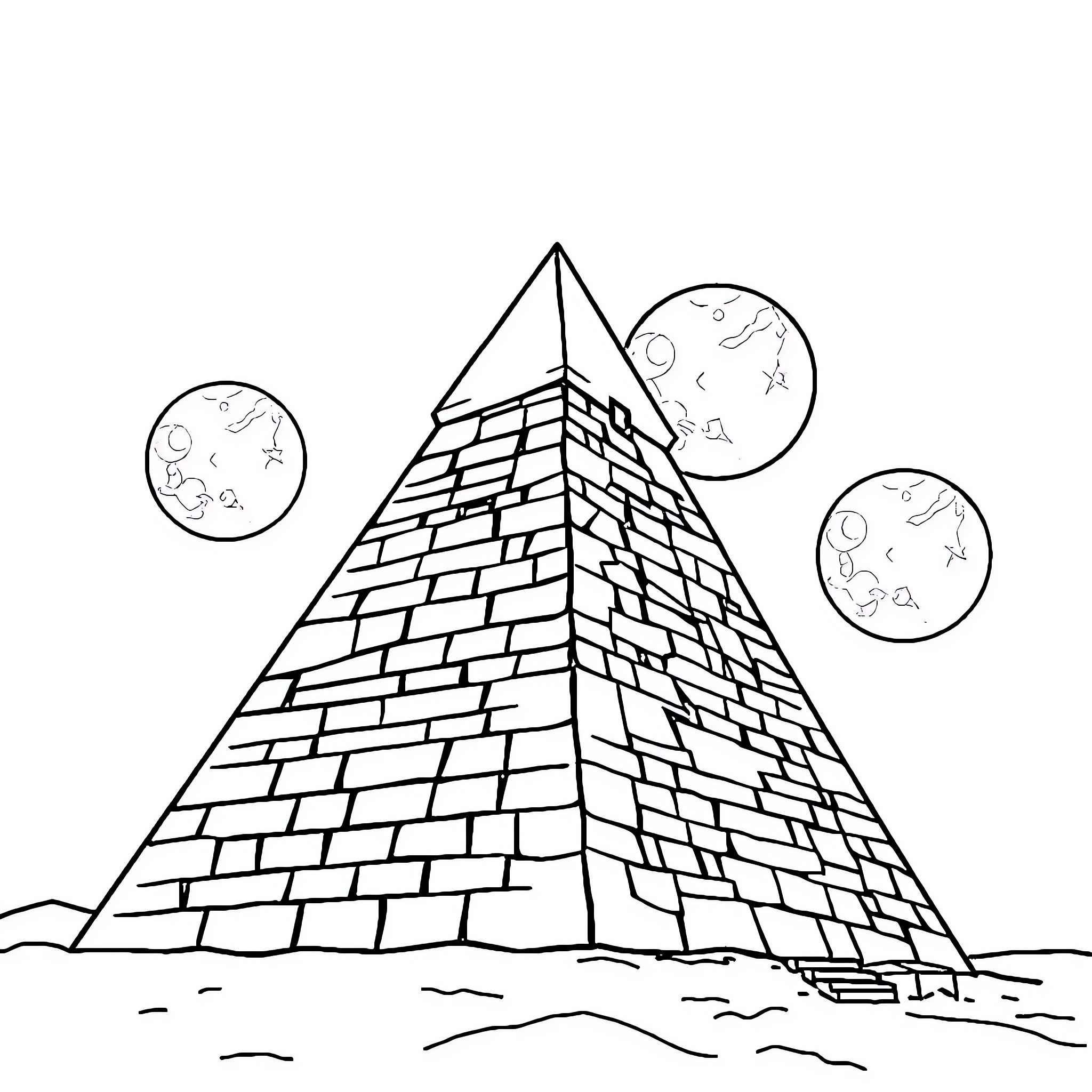 Pyramid in a starry night landscape Coloring Page (free black-and-white line drawing printable PDF for all, from beginners to advanced learners, including children, teens, adults, and seniors)