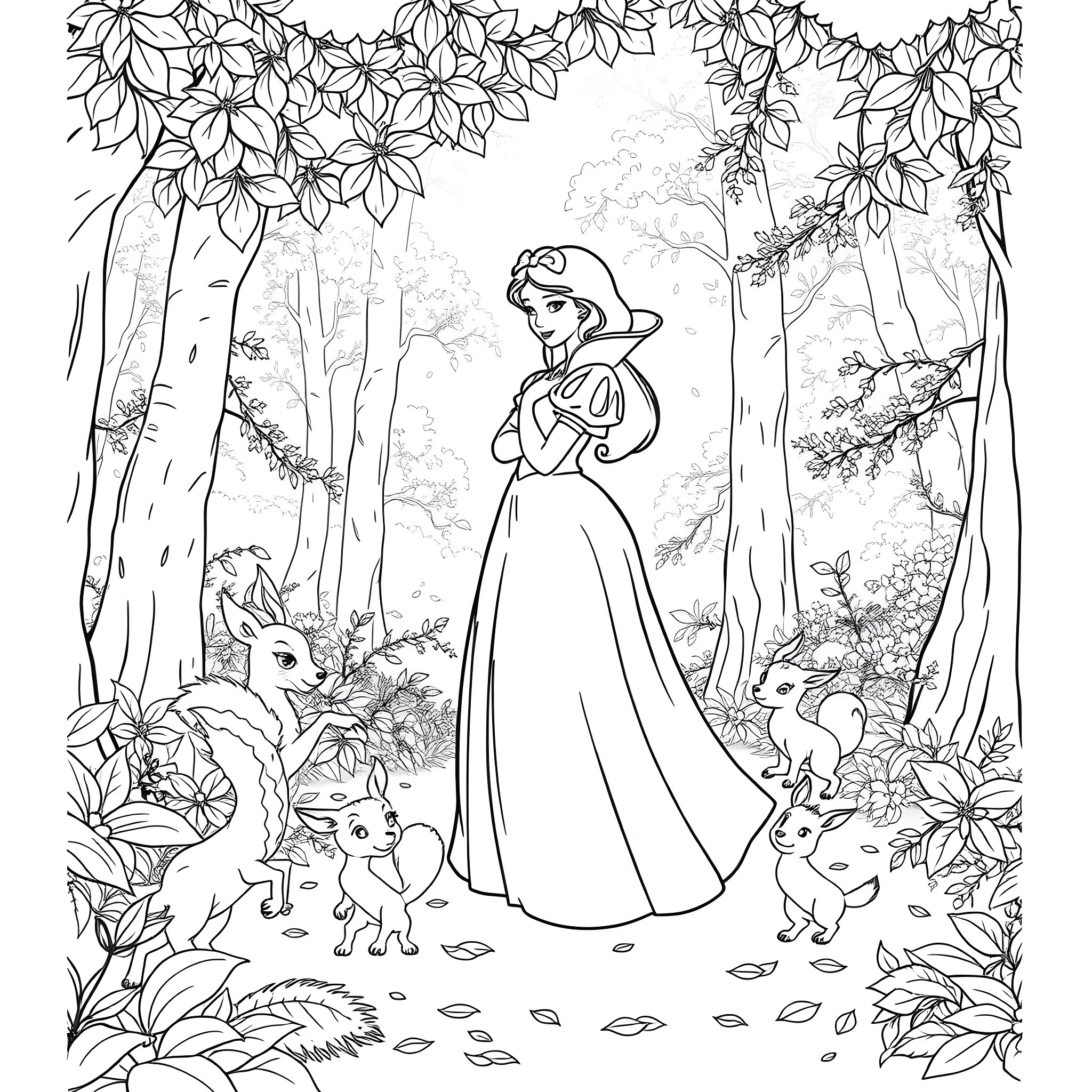 Snow White in the enchanted forest with woodland creatures Coloring Page (free black-and-white line drawing printable PDF for all, from beginners to advanced learners, including children, teens, adults, and seniors)
