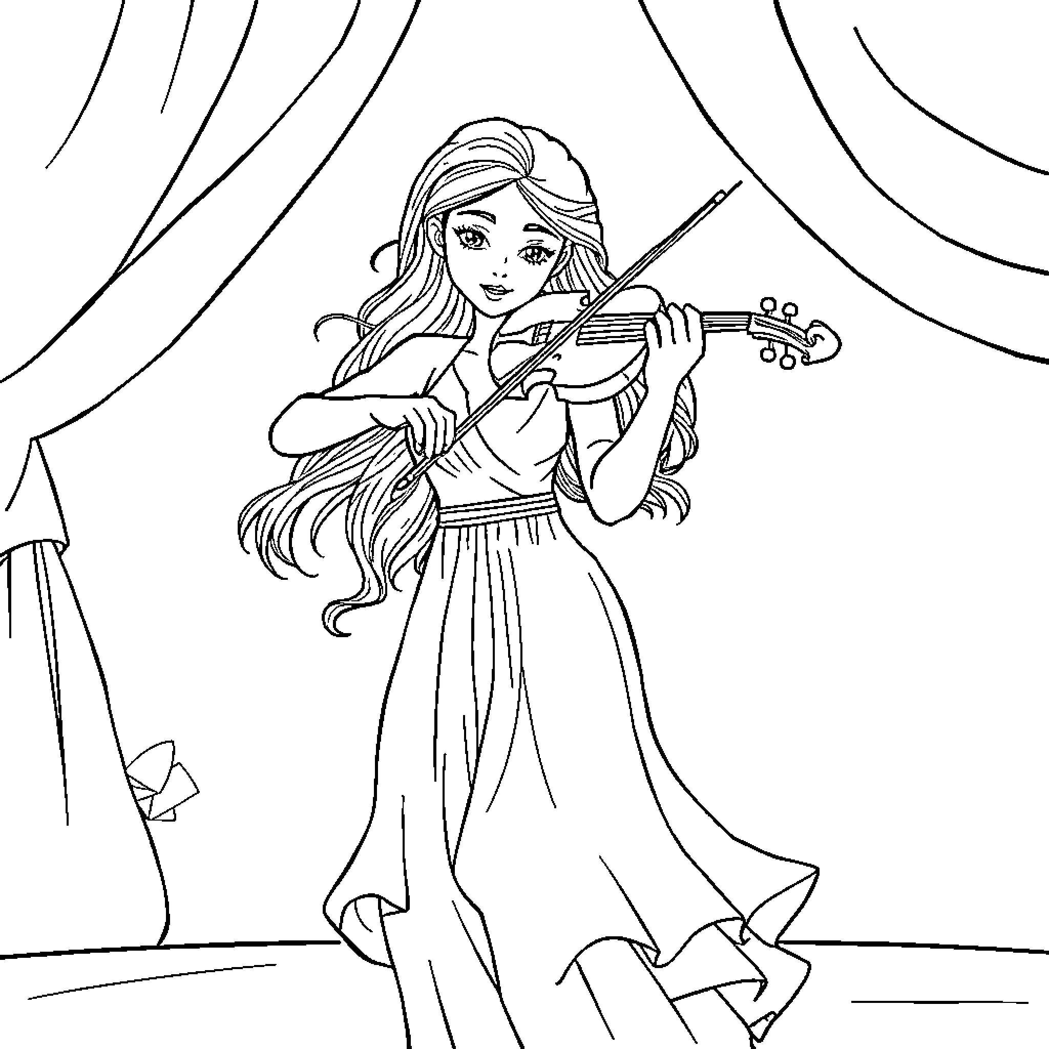 Nami playing violin on stage with curtains Coloring Page (free black-and-white line drawing printable PDF for all, from beginners to advanced learners, including children, teens, adults, and seniors)