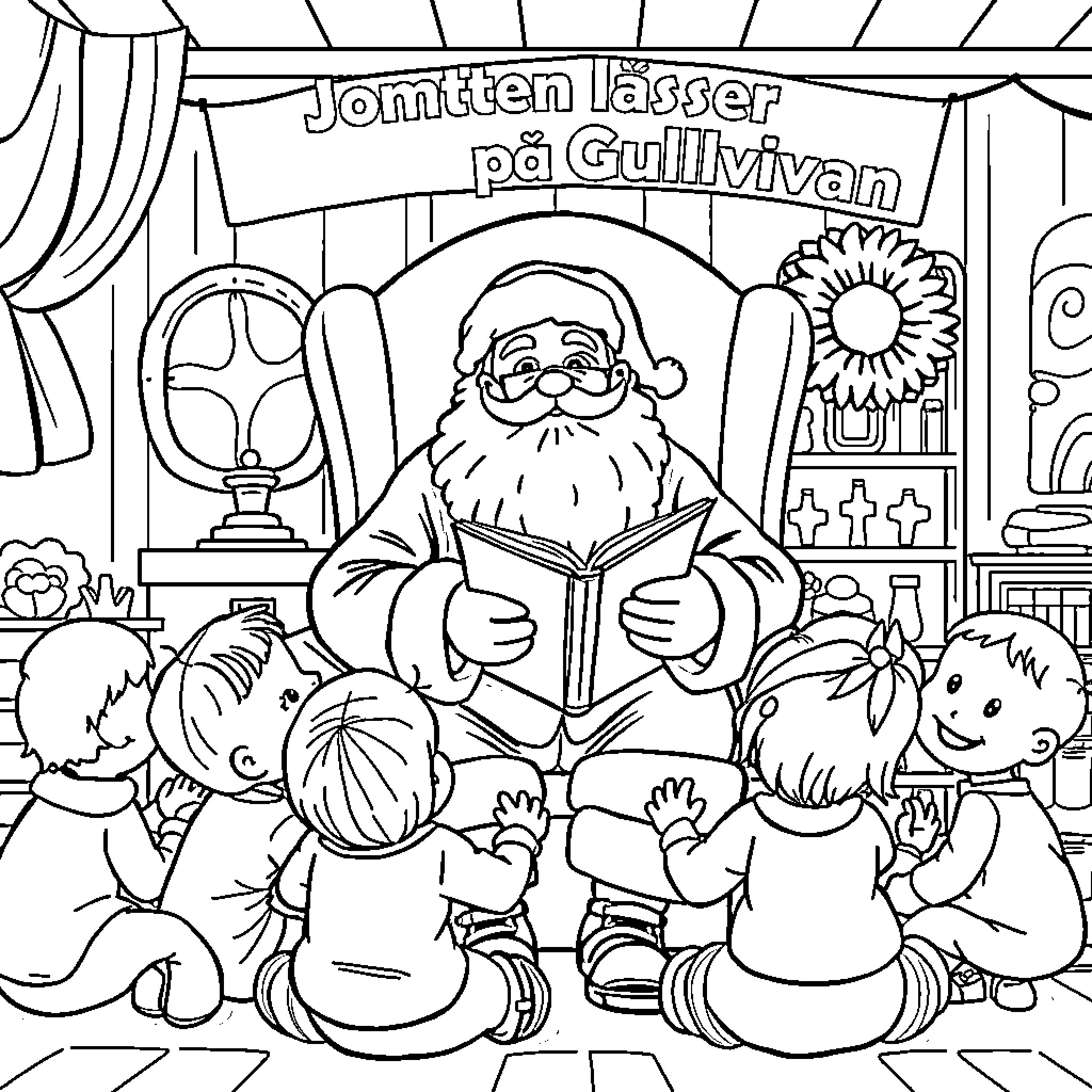 Santa Reading to Children in Cozy Classroom Coloring Page (free black-and-white line drawing printable PDF for all, from beginners to advanced learners, including children, teens, adults, and seniors)