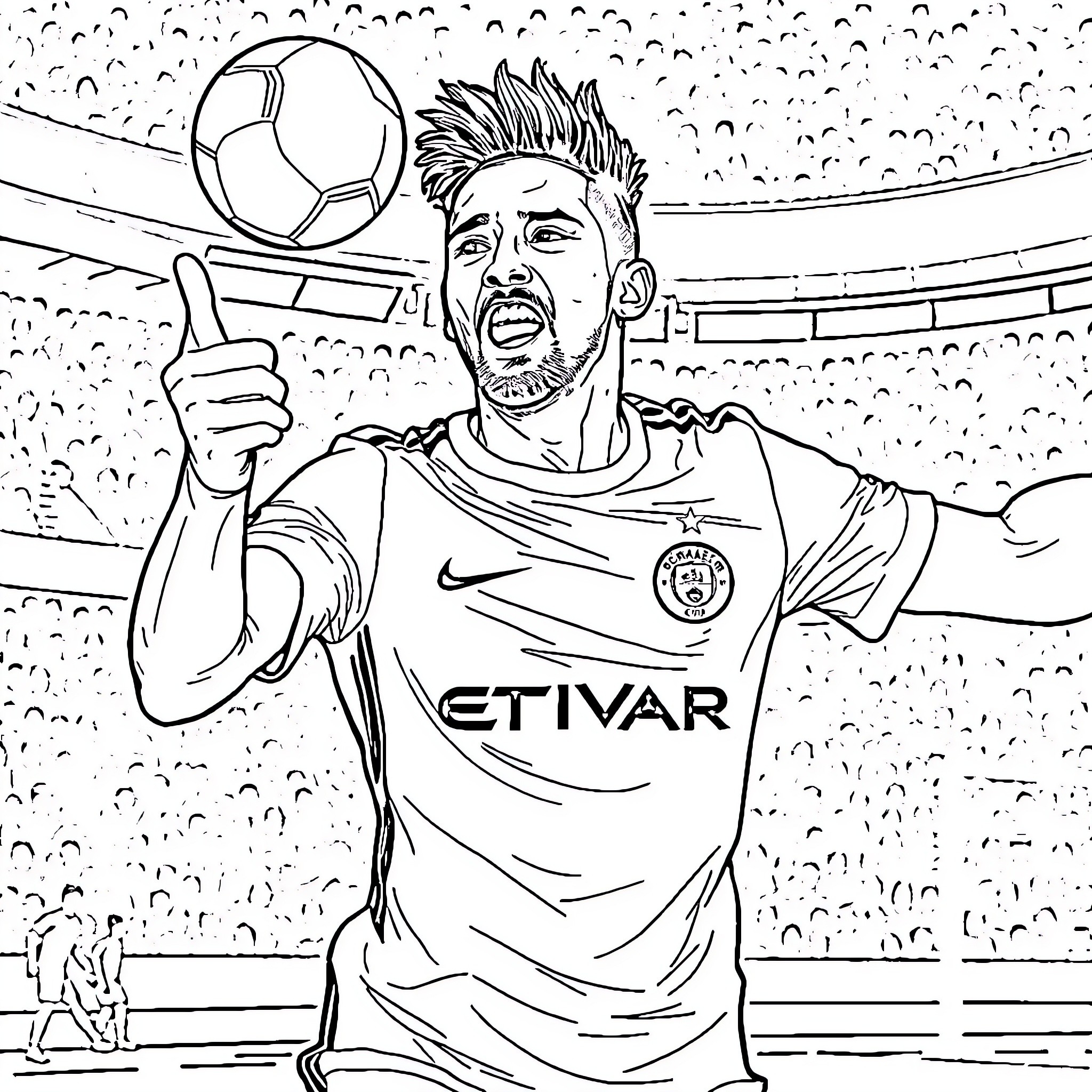 Neymar celebrating with soccer ball in stadium Coloring Page (free black-and-white line drawing printable PDF for all, from beginners to advanced learners, including children, teens, adults, and seniors)