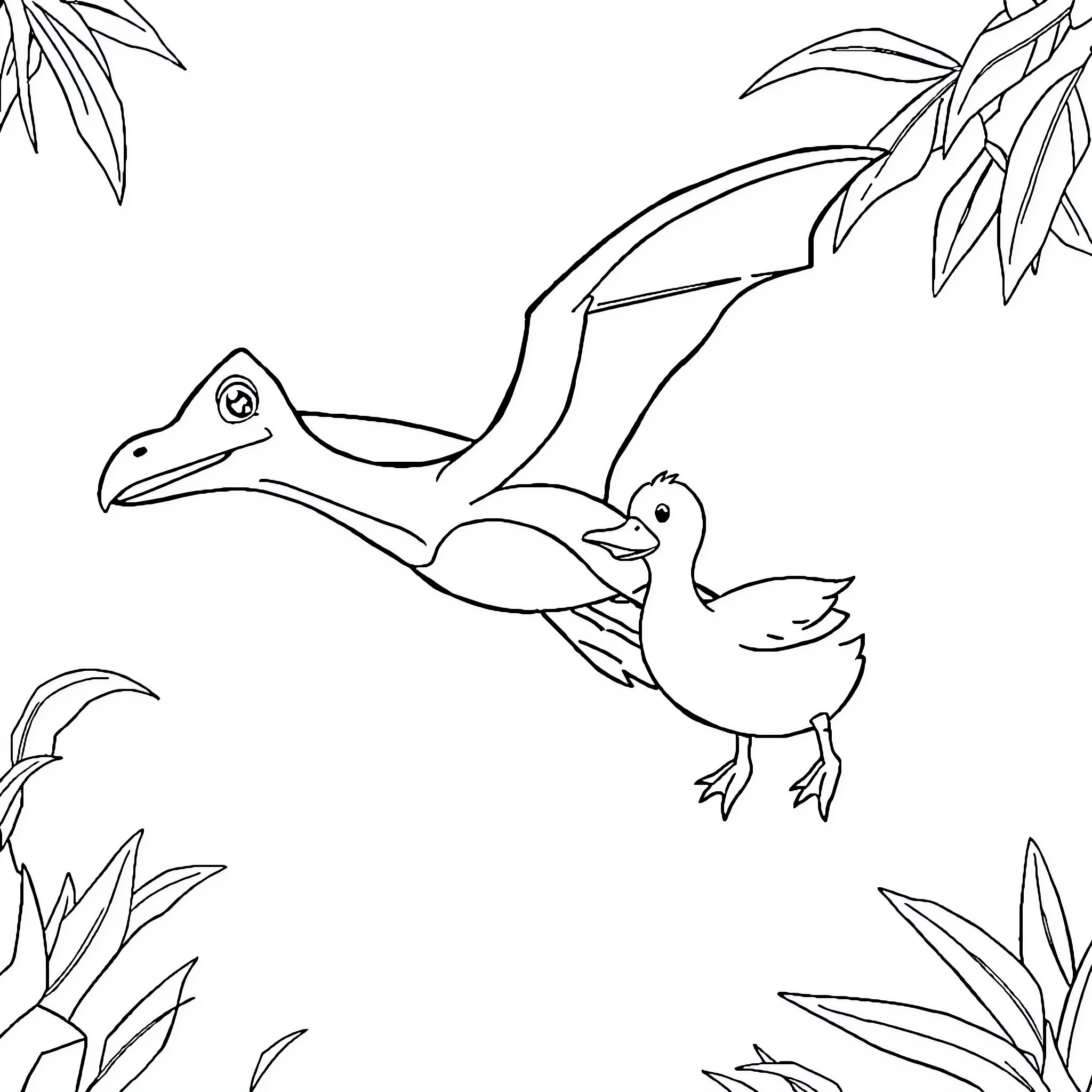 Petrie and duck in prehistoric foliage Coloring Page (free black-and-white line drawing printable PDF for all, from beginners to advanced learners, including children, teens, adults, and seniors)