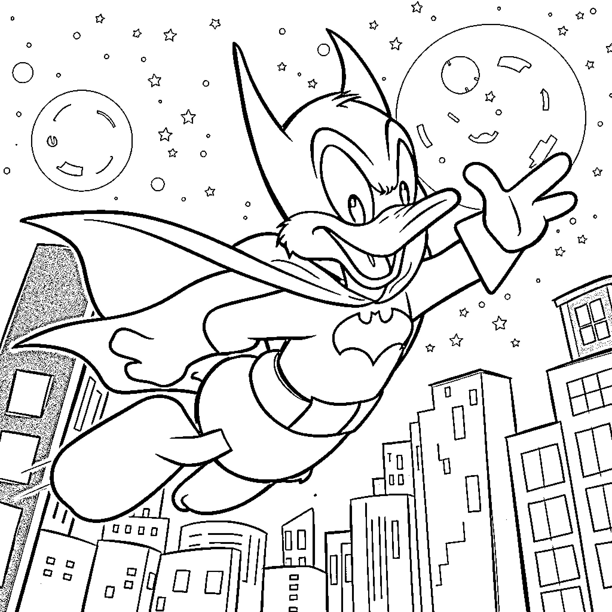 Daffy Duck soaring through the starry night sky Coloring Page (free black-and-white line drawing printable PDF for all, from beginners to advanced learners, including children, teens, adults, and seniors)
