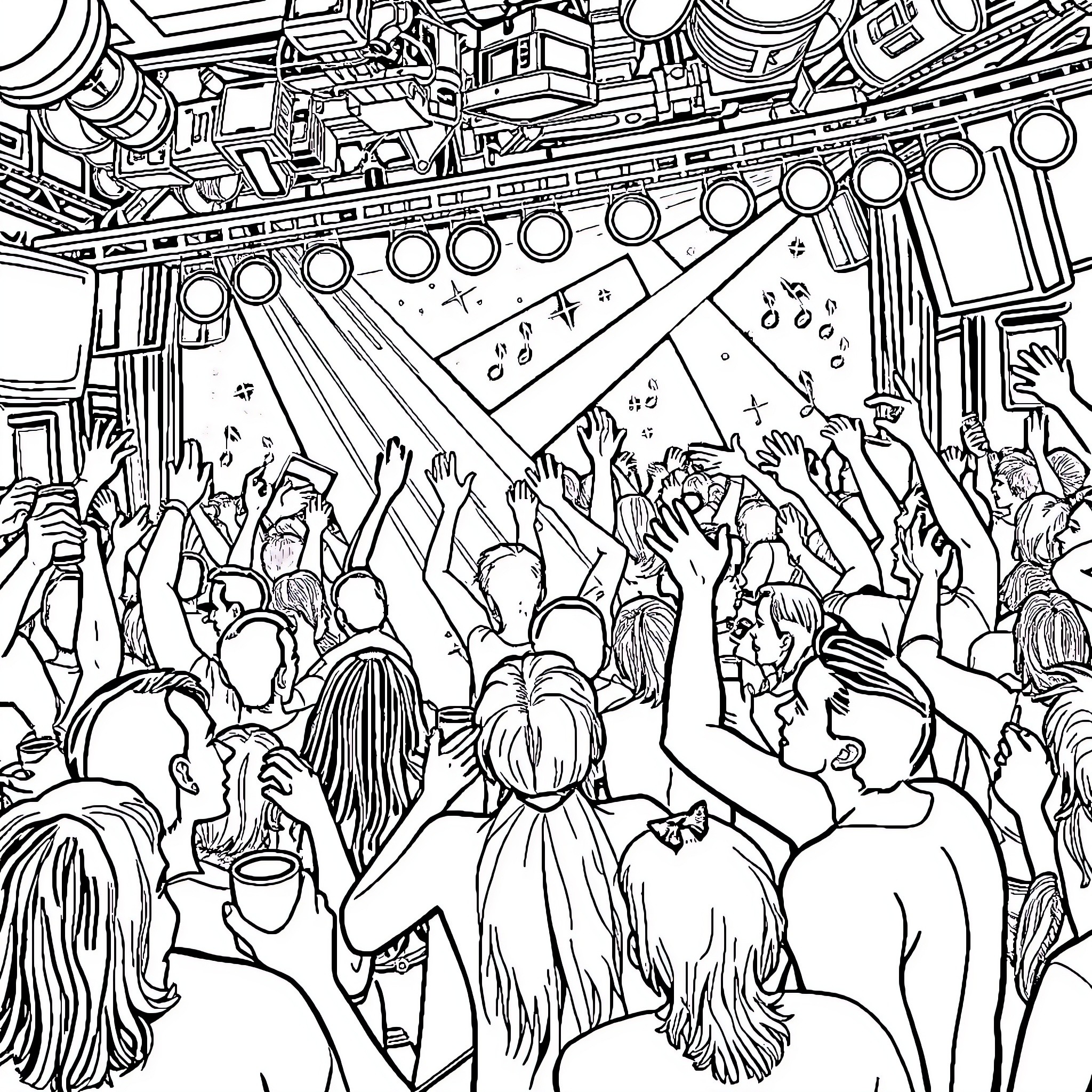 Rock and Roll Concert with Lively Crowd Coloring Page (free black-and-white line drawing printable PDF for all, from beginners to advanced learners, including children, teens, adults, and seniors)