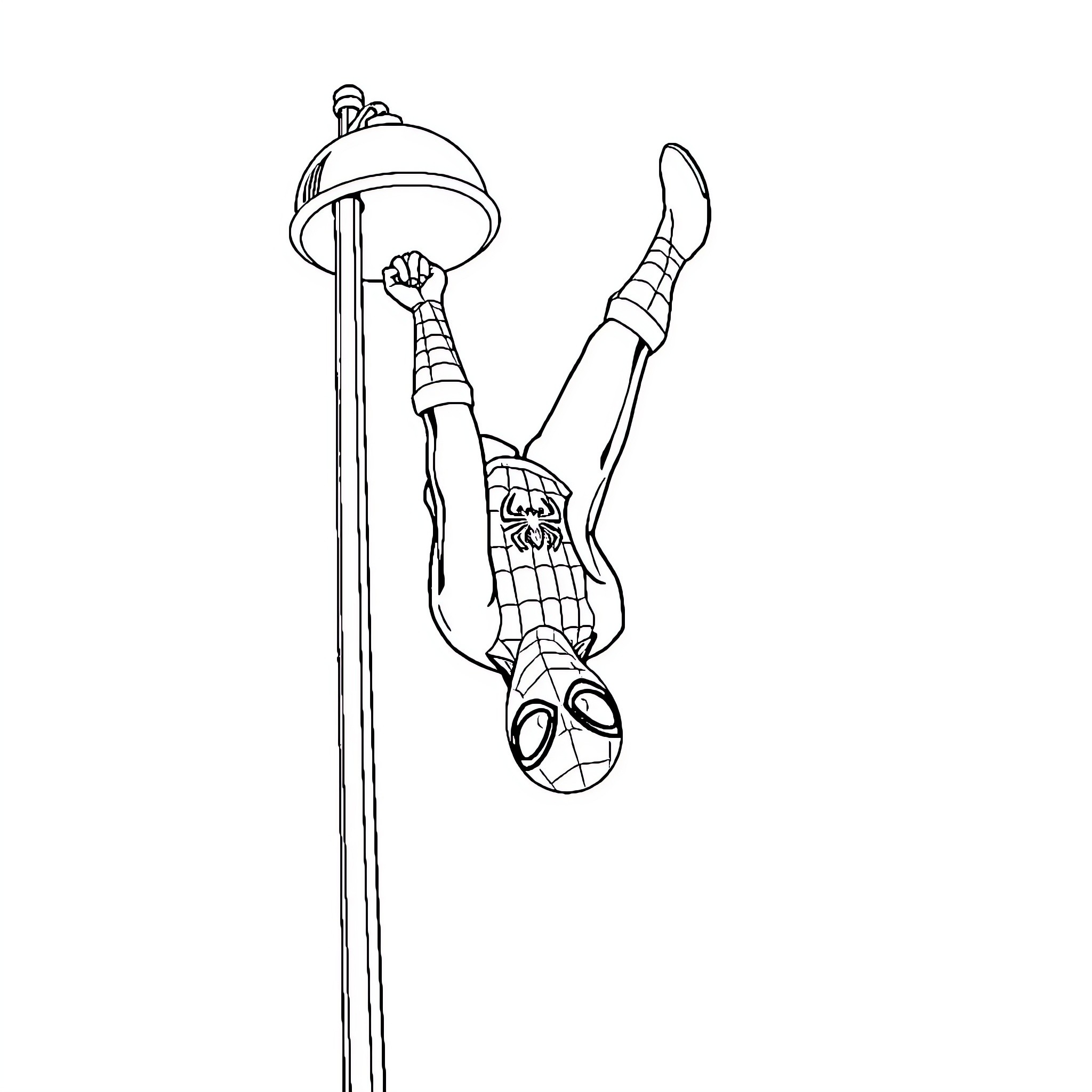 Spiderman dangling from web near lamp post Coloring Page (free black-and-white line drawing printable PDF for all, from beginners to advanced learners, including children, teens, adults, and seniors)