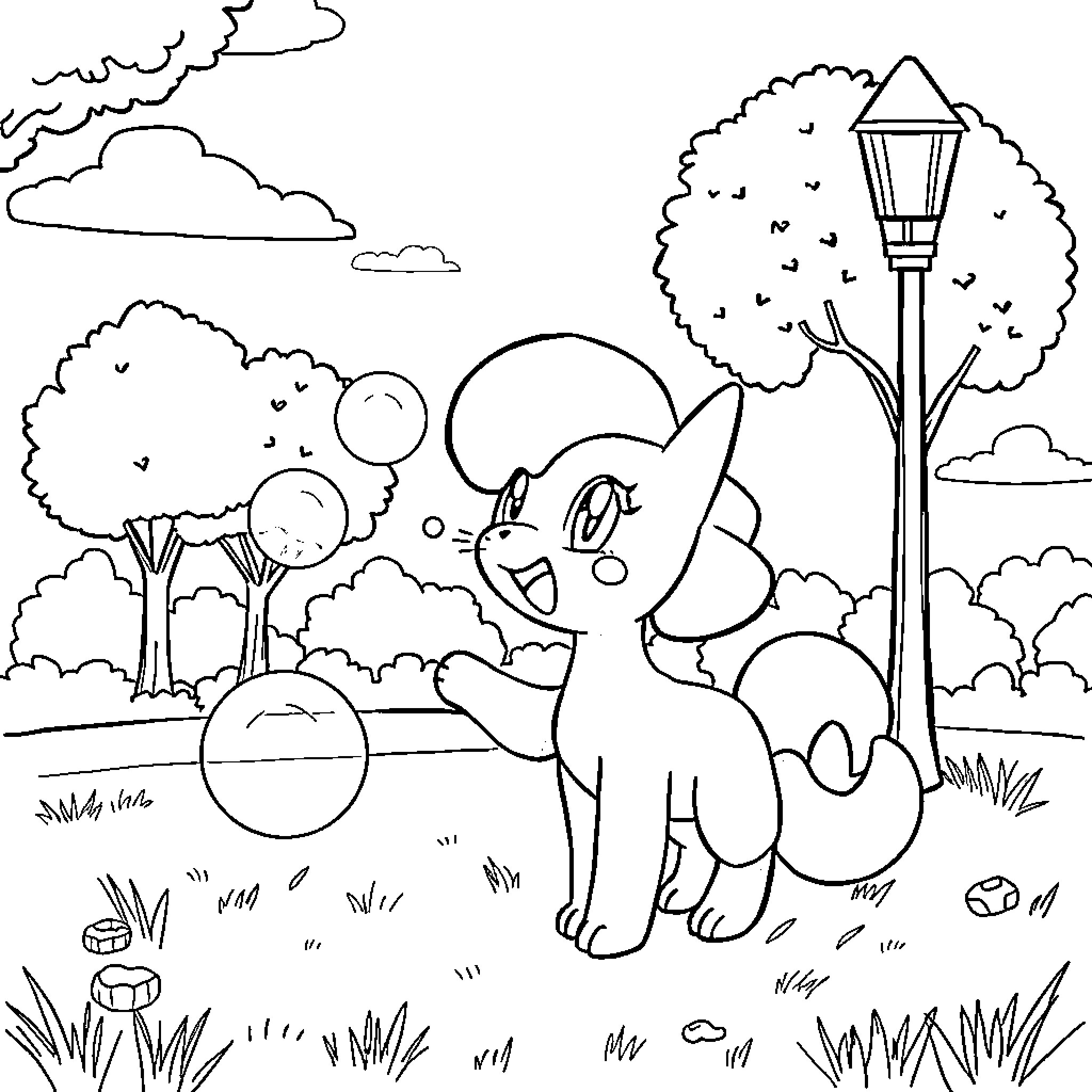 Misty Forest Adventure with Playful Puppy Coloring Page (free black-and-white line drawing printable PDF for all, from beginners to advanced learners, including children, teens, adults, and seniors)