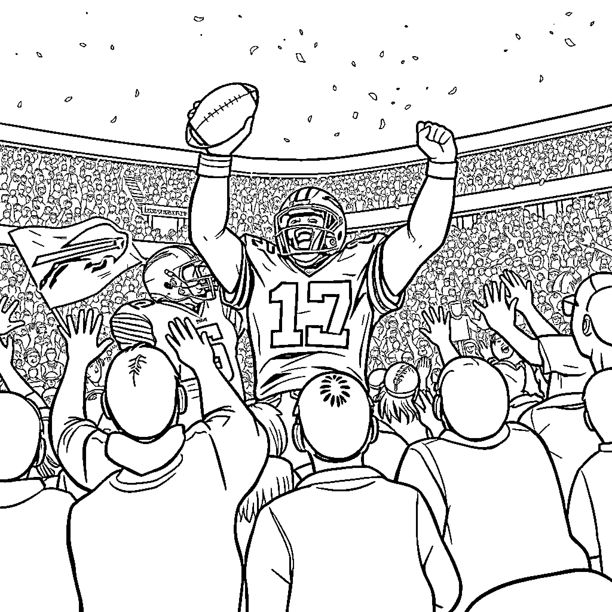Buffalo Bills Player Celebrating Victory in Stadium Coloring Page (free black-and-white line drawing printable PDF for all, from beginners to advanced learners, including children, teens, adults, and seniors)
