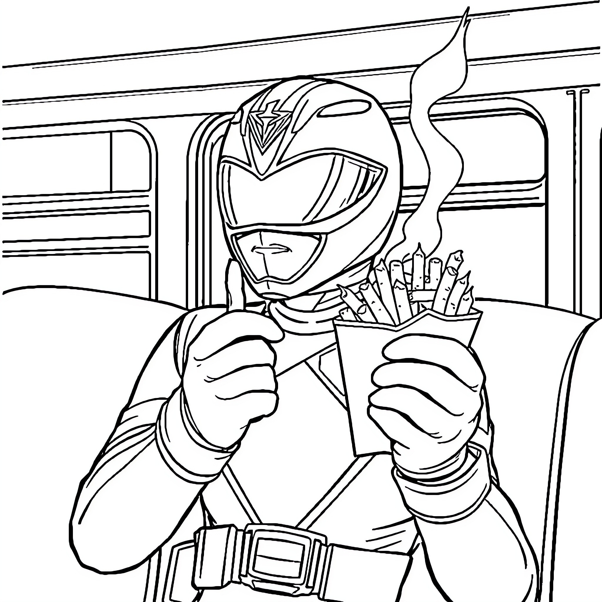Power Ranger Heroically Holds Weapon Coloring Page (free black-and-white line drawing printable PDF for all, from beginners to advanced learners, including children, teens, adults, and seniors)