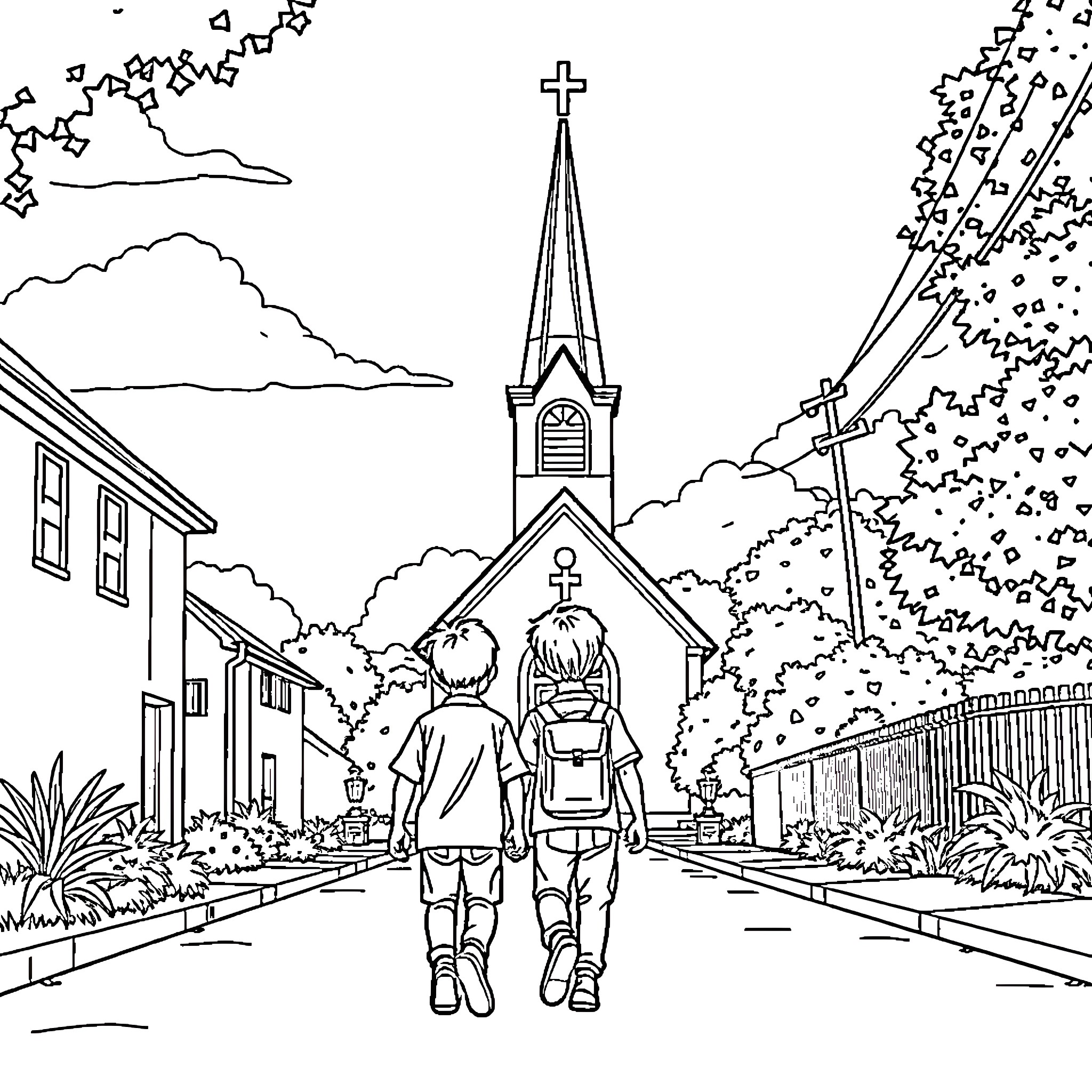 Boy walking with friend near church building Coloring Page (free black-and-white line drawing printable PDF for all, from beginners to advanced learners, including children, teens, adults, and seniors)