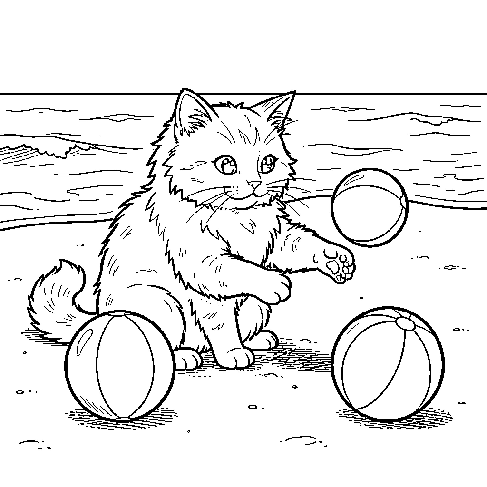 Cat playing with beach balls on the shore Coloring Page (free black-and-white line drawing printable PDF for all, from beginners to advanced learners, including children, teens, adults, and seniors)