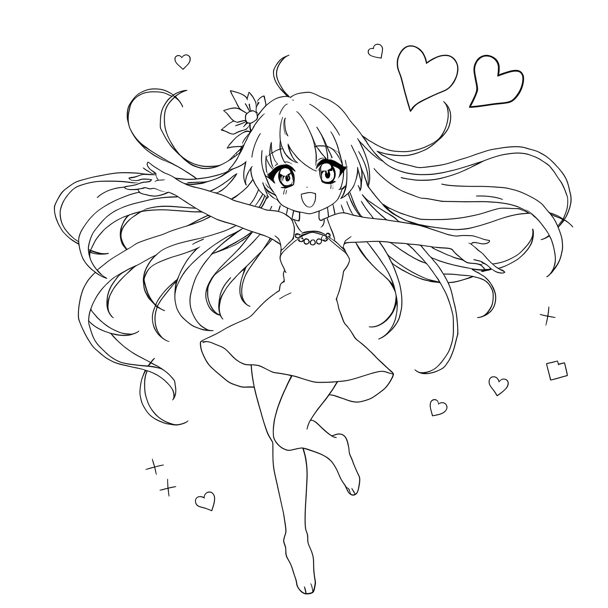 Anime Girl Happily Dancing with Hearts Coloring Page (free black-and-white line drawing printable PDF for all, from beginners to advanced learners, including children, teens, adults, and seniors)