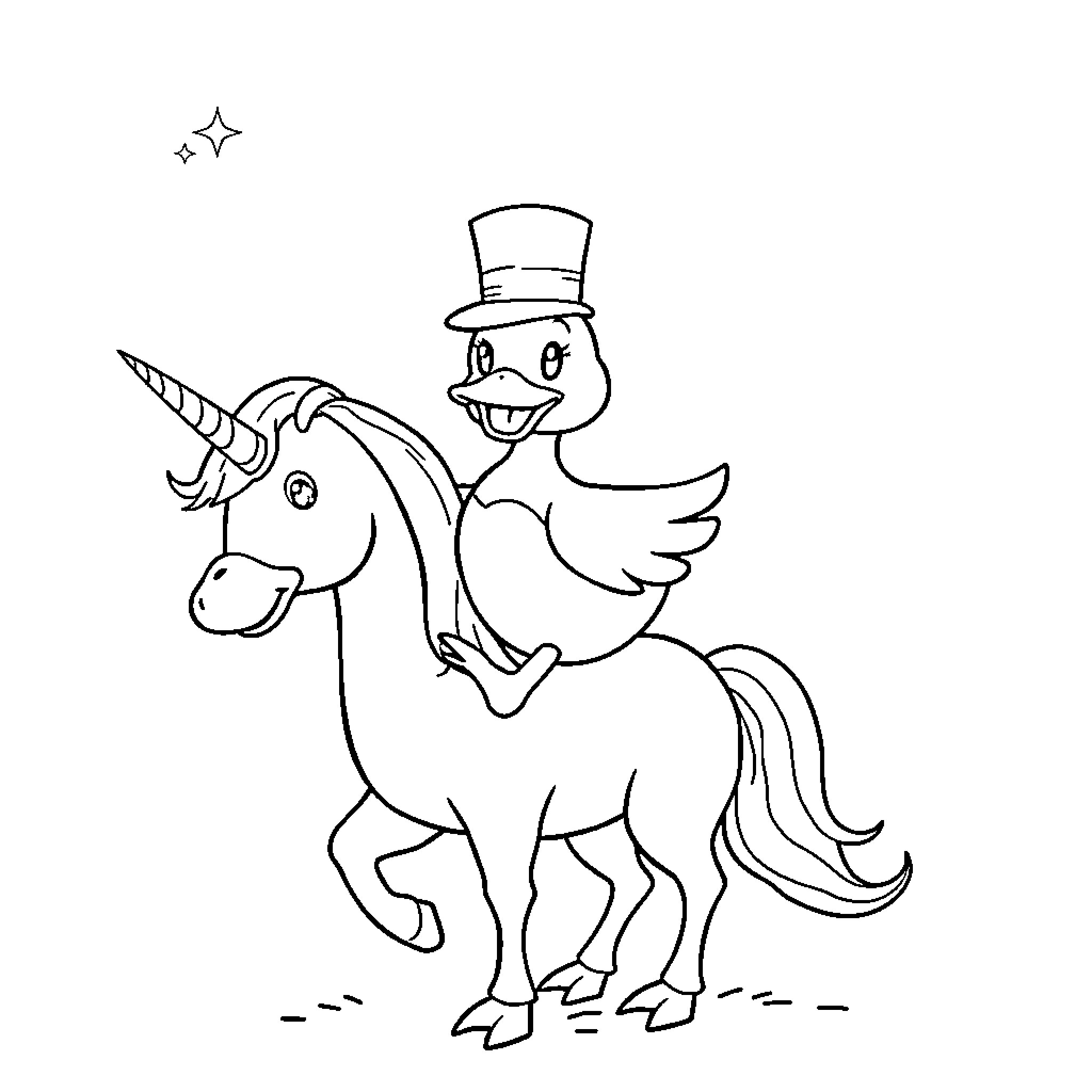 Duck riding a unicorn in a whimsical scene Coloring Page (free black-and-white line drawing printable PDF for all, from beginners to advanced learners, including children, teens, adults, and seniors)
