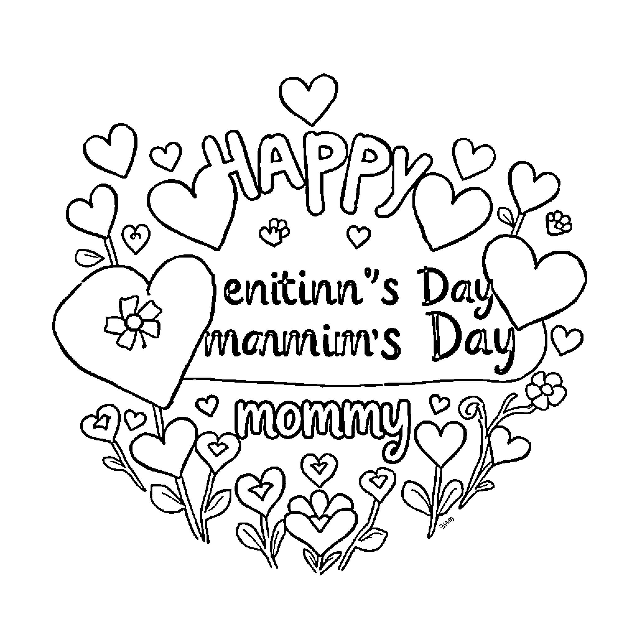 Valentine's Day Celebration with Mommy Coloring Page (free black-and-white line drawing printable PDF for all, from beginners to advanced learners, including children, teens, adults, and seniors)