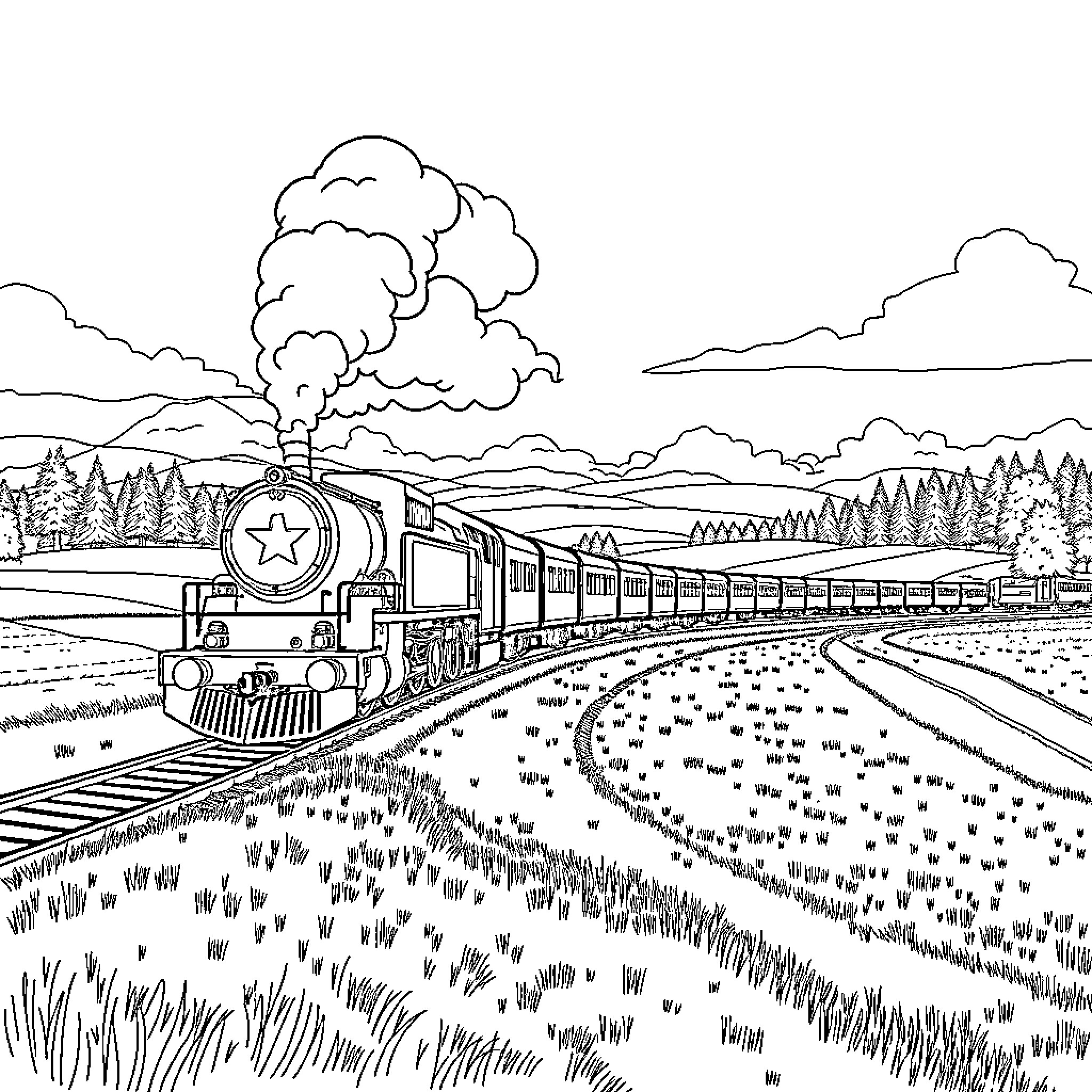 Steamtrain crossing scenic countryside landscape Coloring Page (free black-and-white line drawing printable PDF for all, from beginners to advanced learners, including children, teens, adults, and seniors)