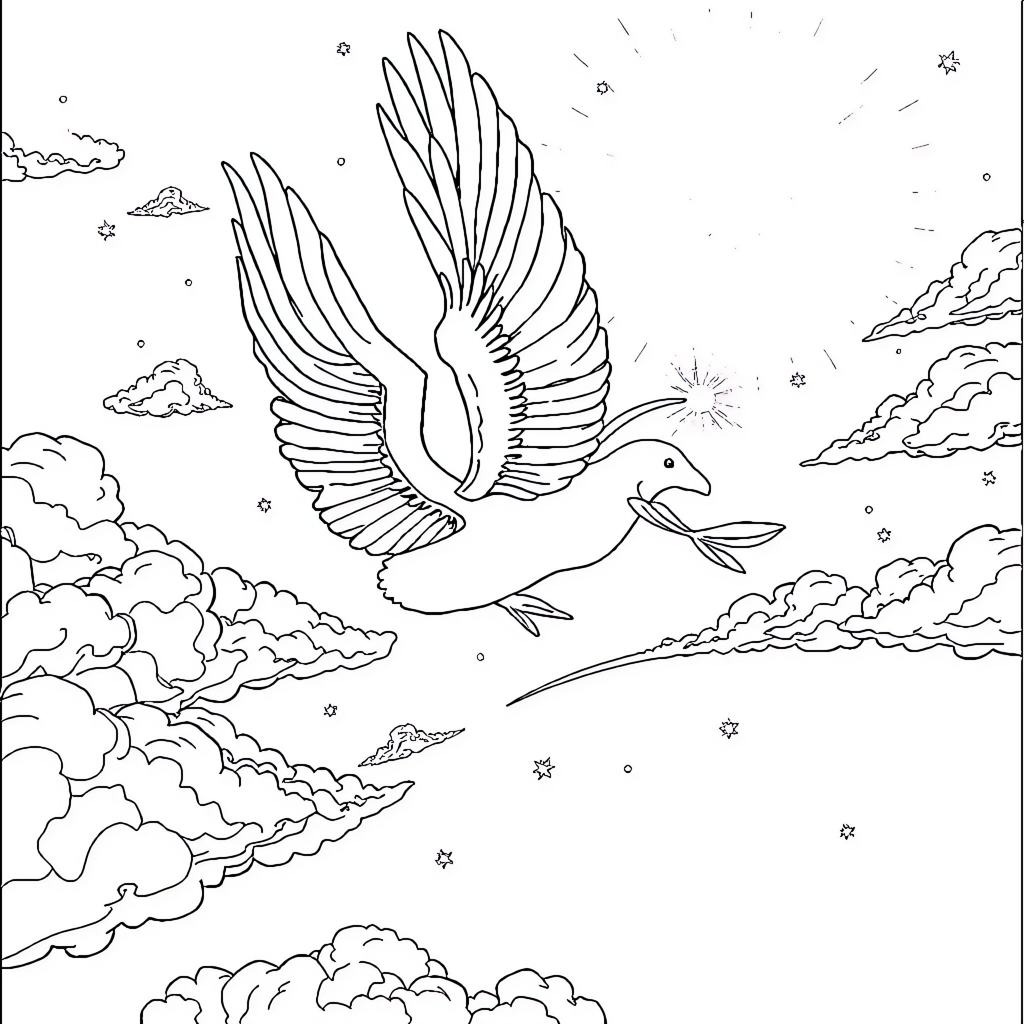 Seraph soaring through ethereal cloudscape Coloring Page (free black-and-white line drawing printable PDF for all, from beginners to advanced learners, including children, teens, adults, and seniors)