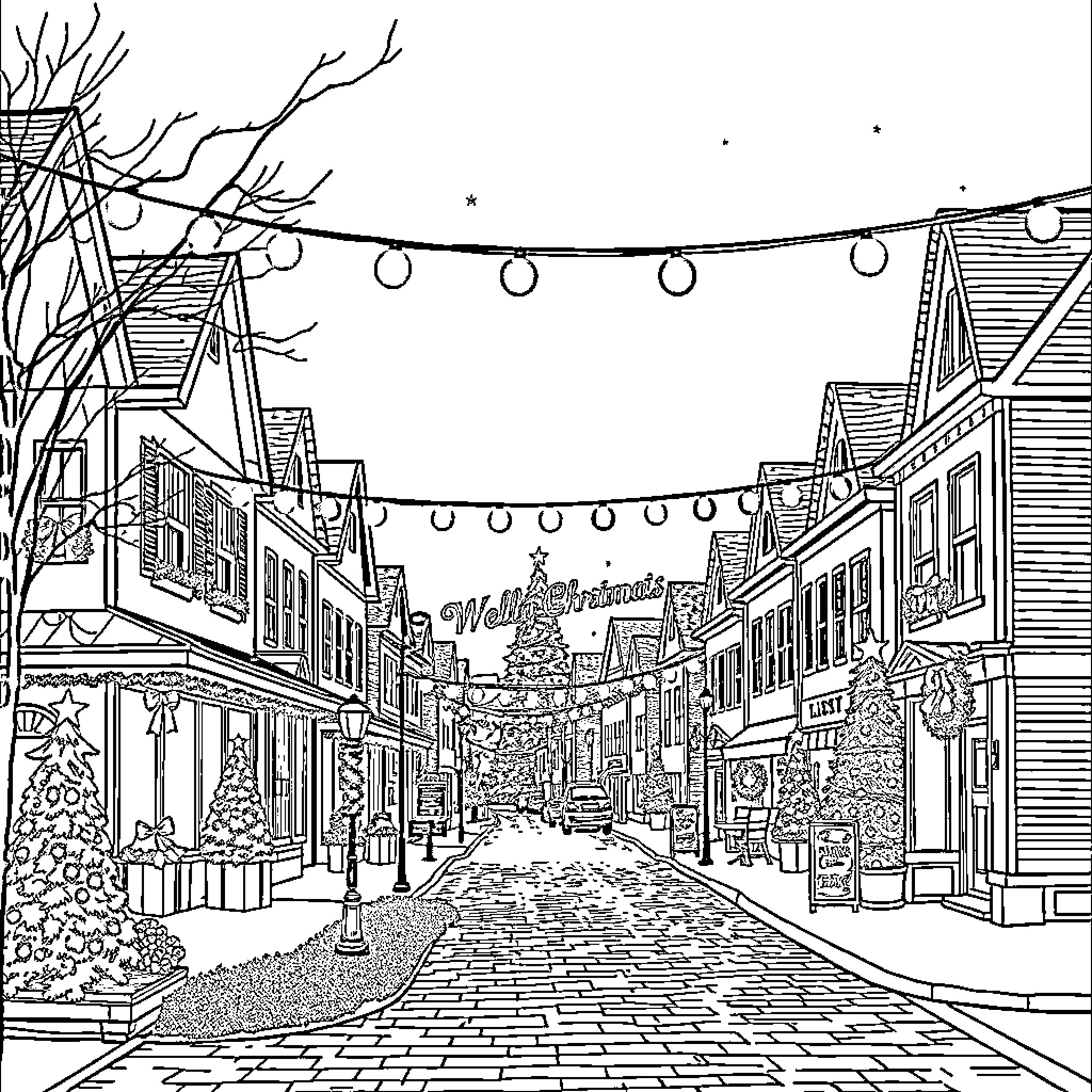 Christmas Celebration on a Festive Street Coloring Page (free black-and-white line drawing printable PDF for all, from beginners to advanced learners, including children, teens, adults, and seniors)