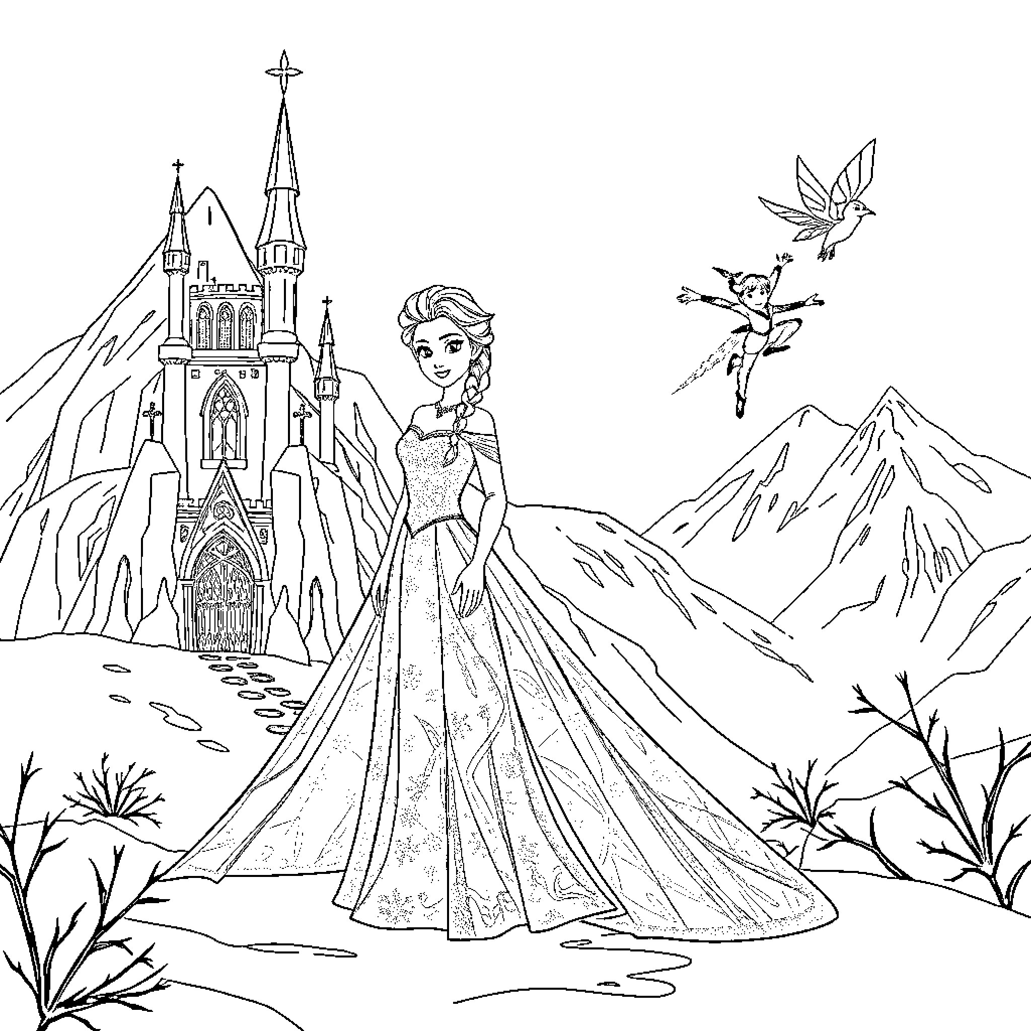 Elsa's Magical Castle and Enchanted Wonderland Coloring Page (free black-and-white line drawing printable PDF for all, from beginners to advanced learners, including children, teens, adults, and seniors)