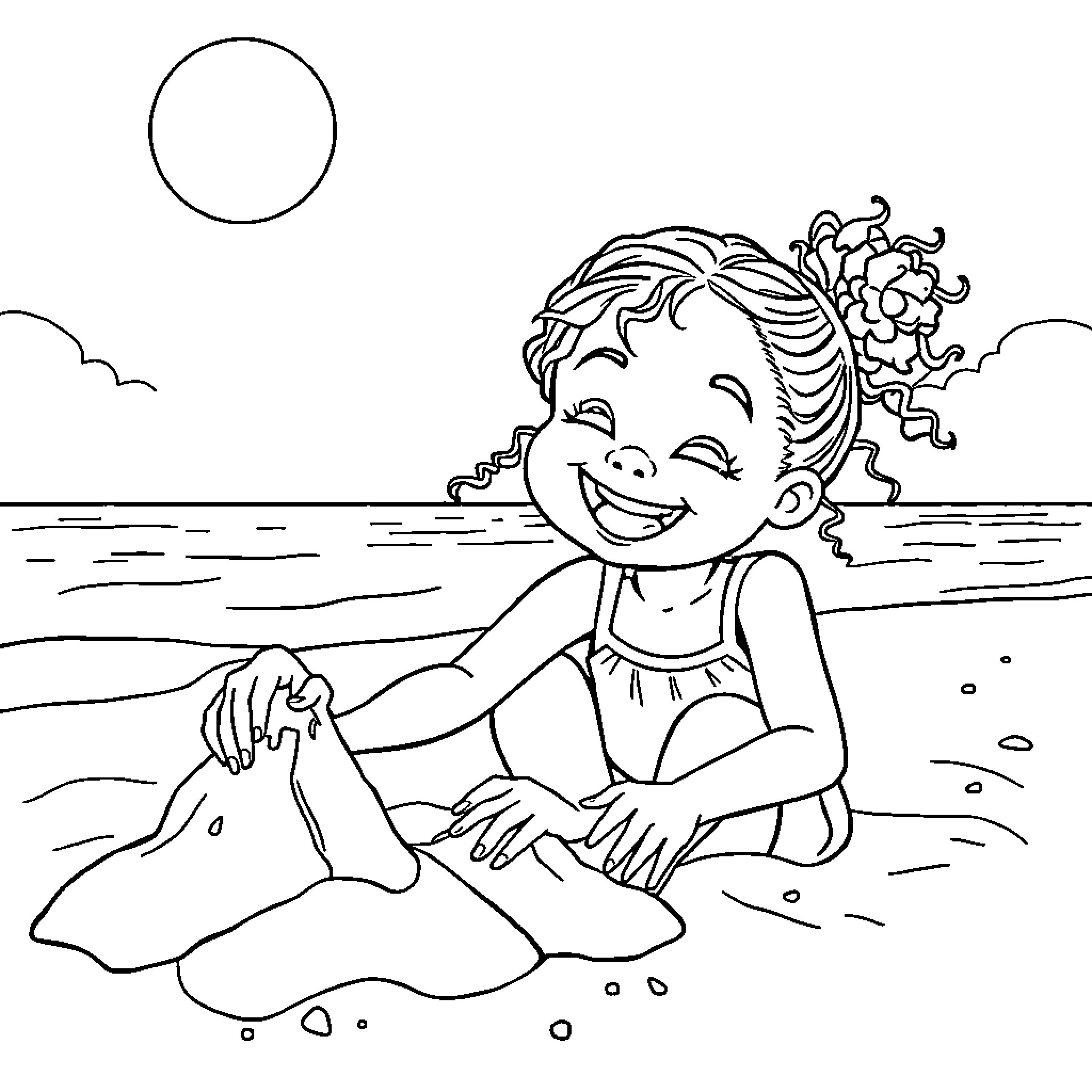 Girl playing happily on the beach Coloring Page (free black-and-white line drawing printable PDF for all, from beginners to advanced learners, including children, teens, adults, and seniors)