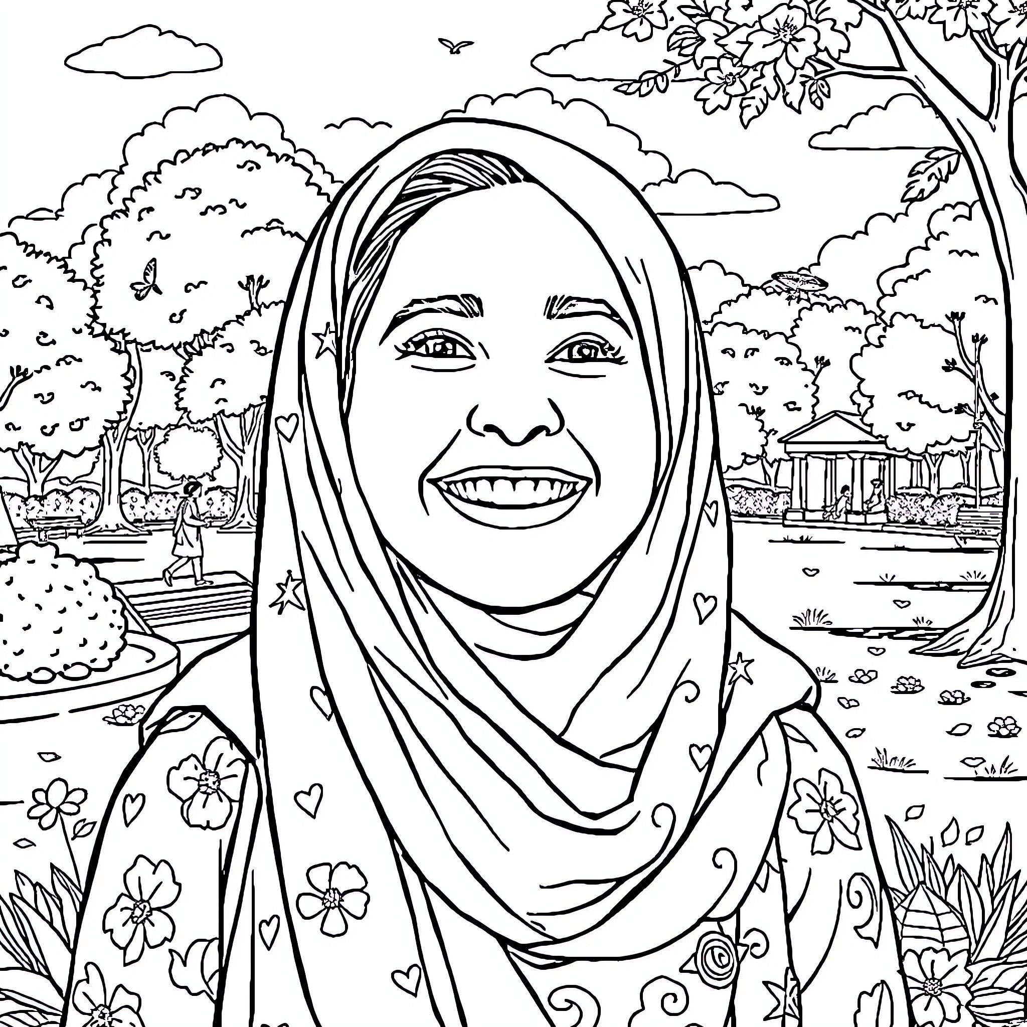 Marwa Akbache's Joyful Smile in a Vibrant Outdoor Scene Coloring Page (free black-and-white line drawing printable PDF for all, from beginners to advanced learners, including children, teens, adults, and seniors)