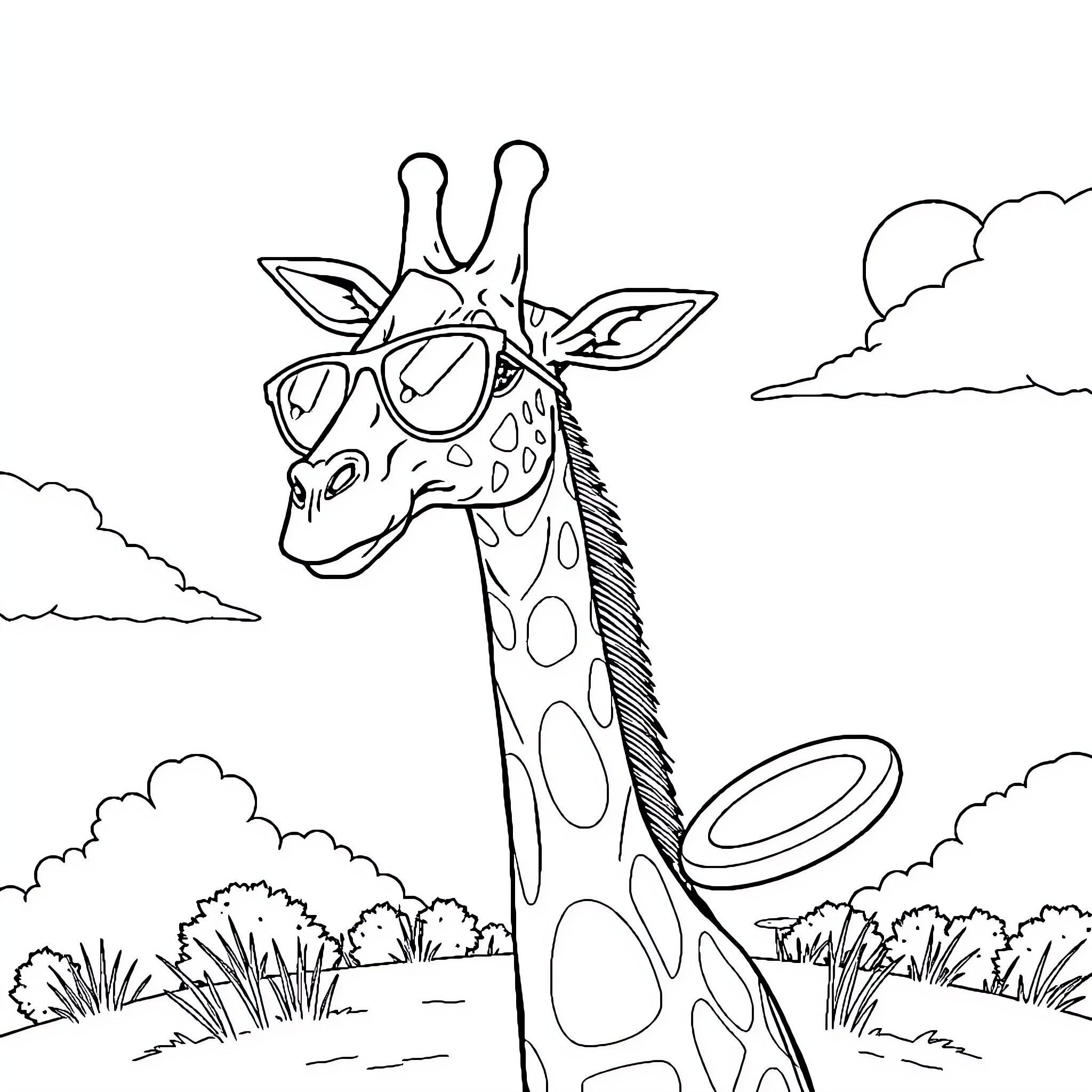 Giraffe wearing funny glasses in nature Coloring Page (free black-and-white line drawing printable PDF for all, from beginners to advanced learners, including children, teens, adults, and seniors)