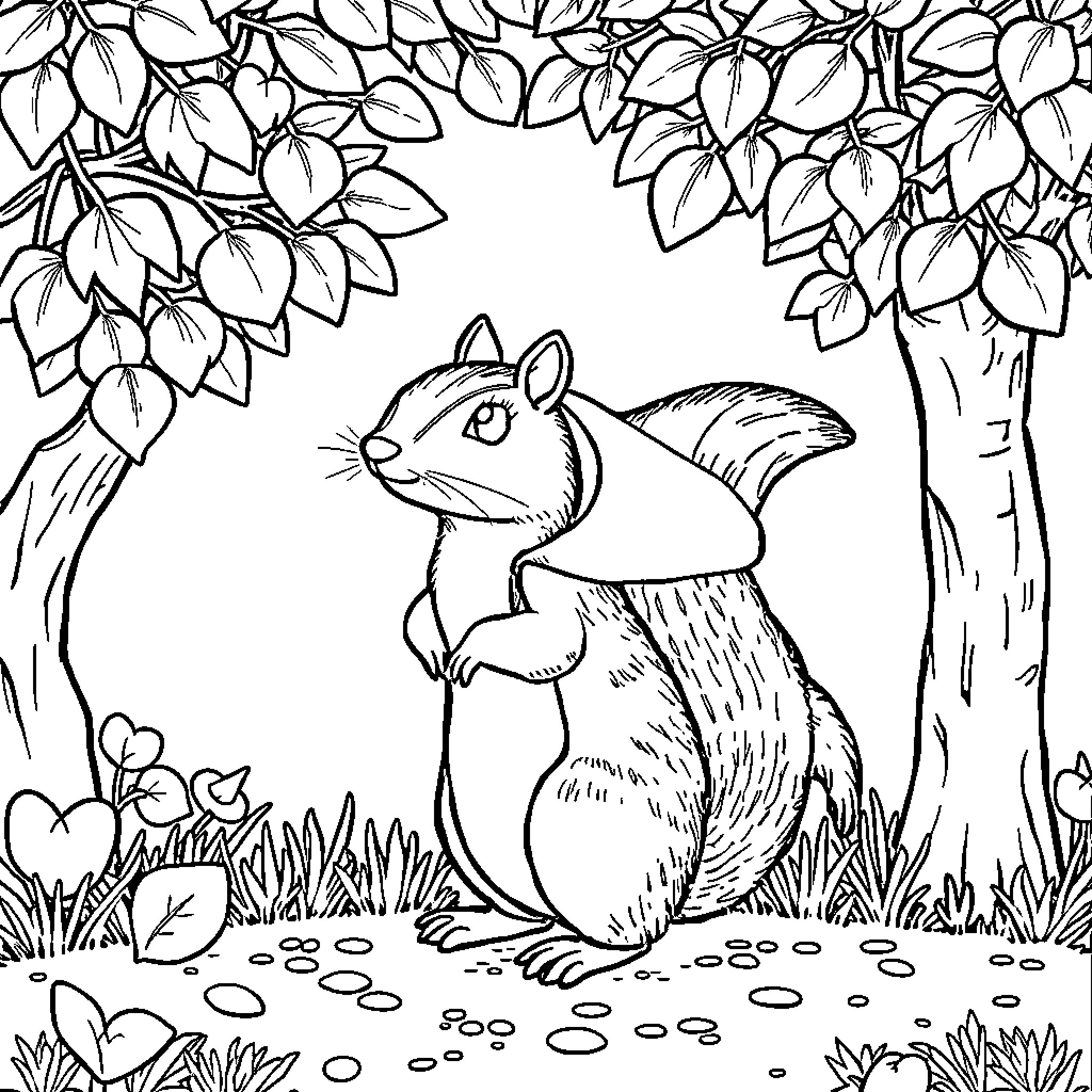 Capybara in a Peaceful Forest Scene Coloring Page (free black-and-white line drawing printable PDF for all, from beginners to advanced learners, including children, teens, adults, and seniors)