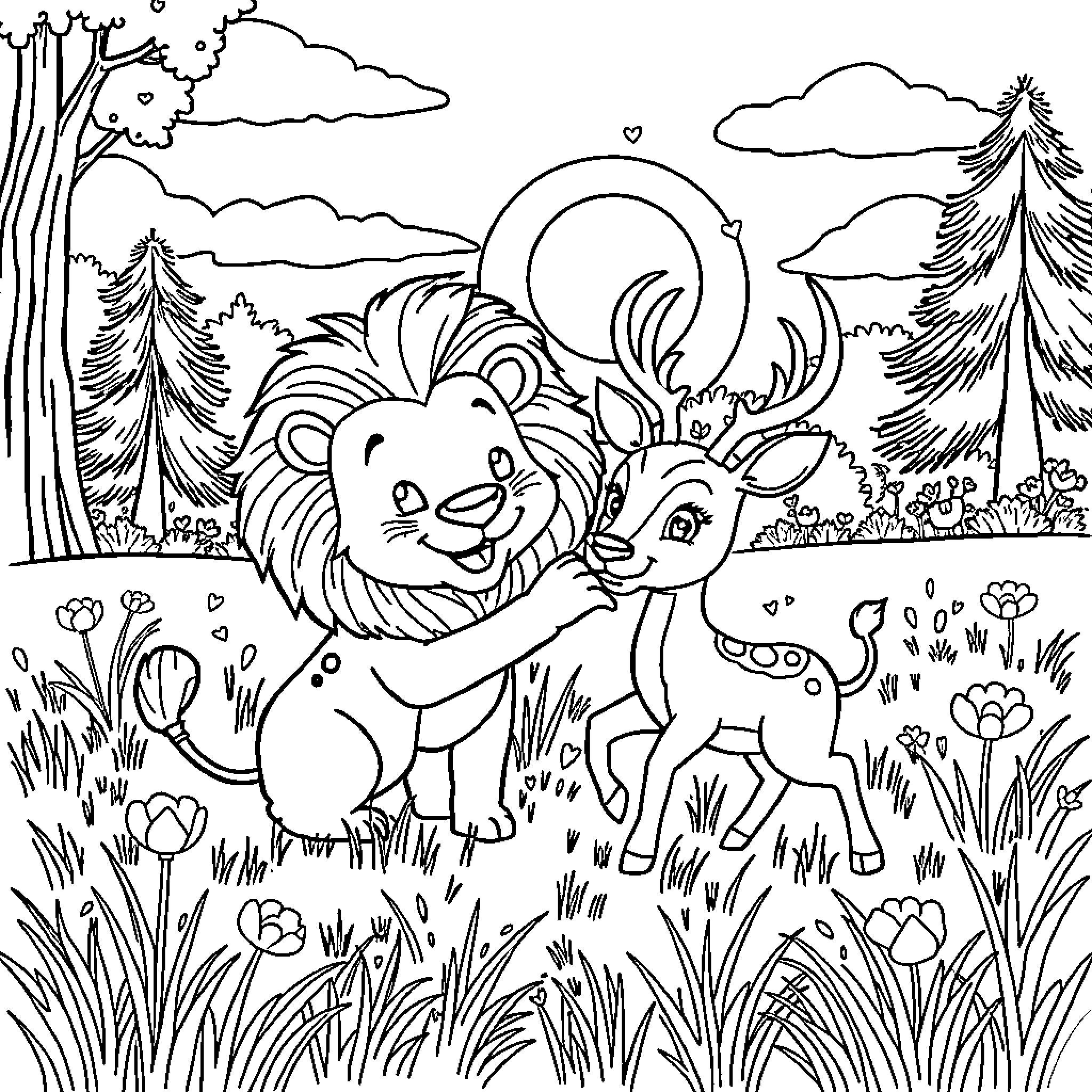 Lion and cub playing in a forest scene Coloring Page (free black-and-white line drawing printable PDF for all, from beginners to advanced learners, including children, teens, adults, and seniors)