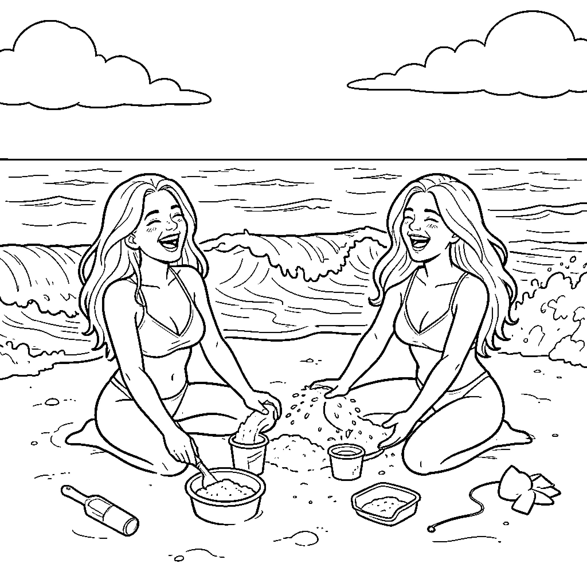 Heroine laughing while playing with sand at the beach Coloring Page (free black-and-white line drawing printable PDF for all, from beginners to advanced learners, including children, teens, adults, and seniors)