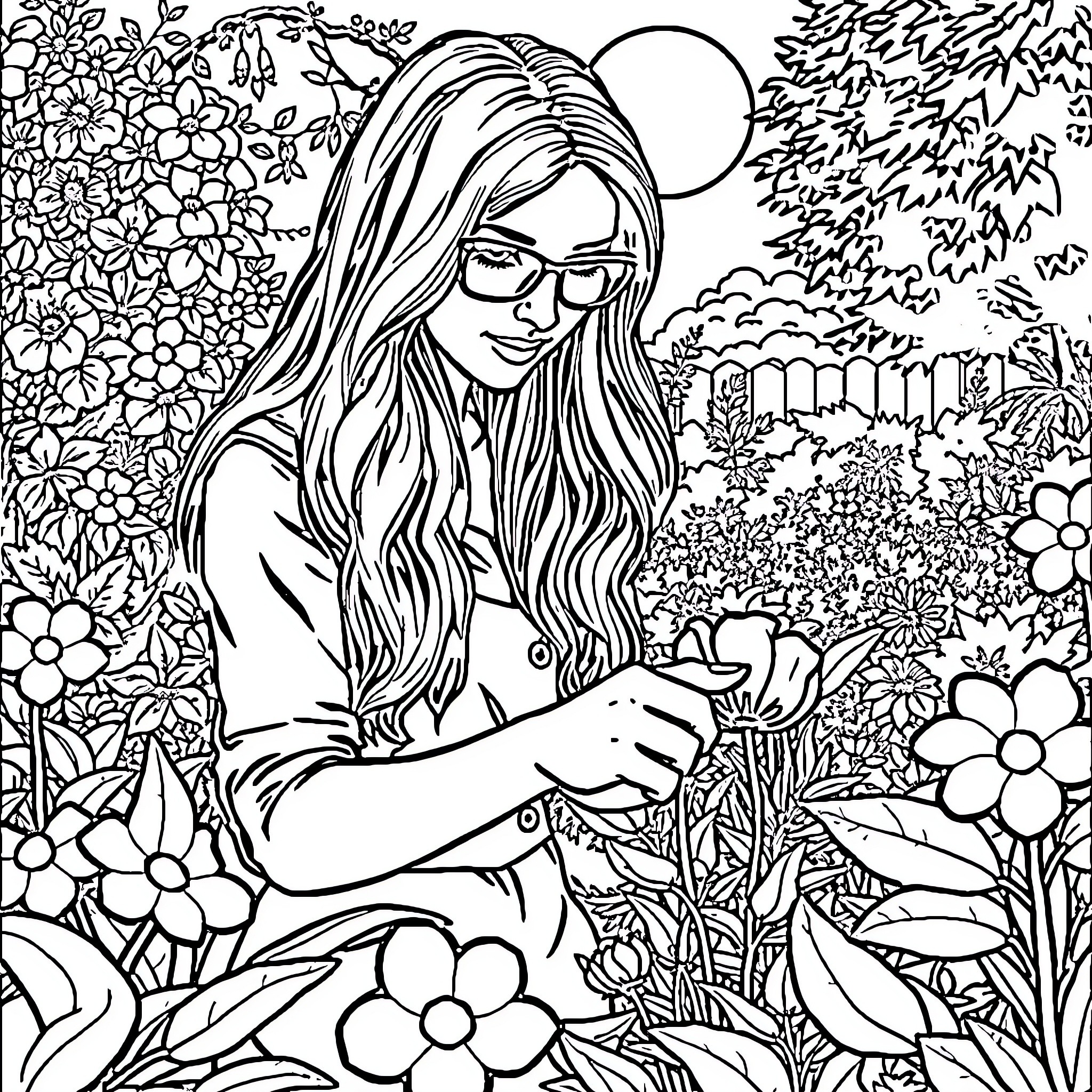 Woman tending to a flourishing garden Coloring Page (free black-and-white line drawing printable PDF for all, from beginners to advanced learners, including children, teens, adults, and seniors)