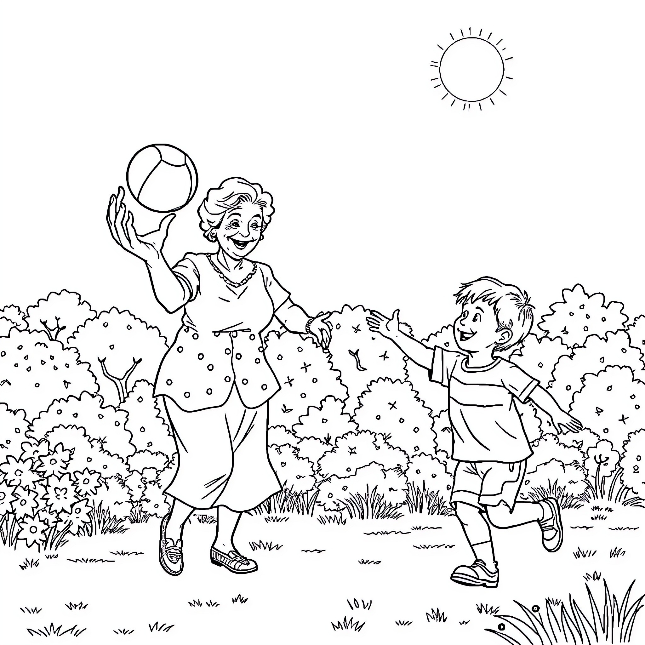 Grandma playing catch with her grandson in the park Coloring Page (free black-and-white line drawing printable PDF for all, from beginners to advanced learners, including children, teens, adults, and seniors)