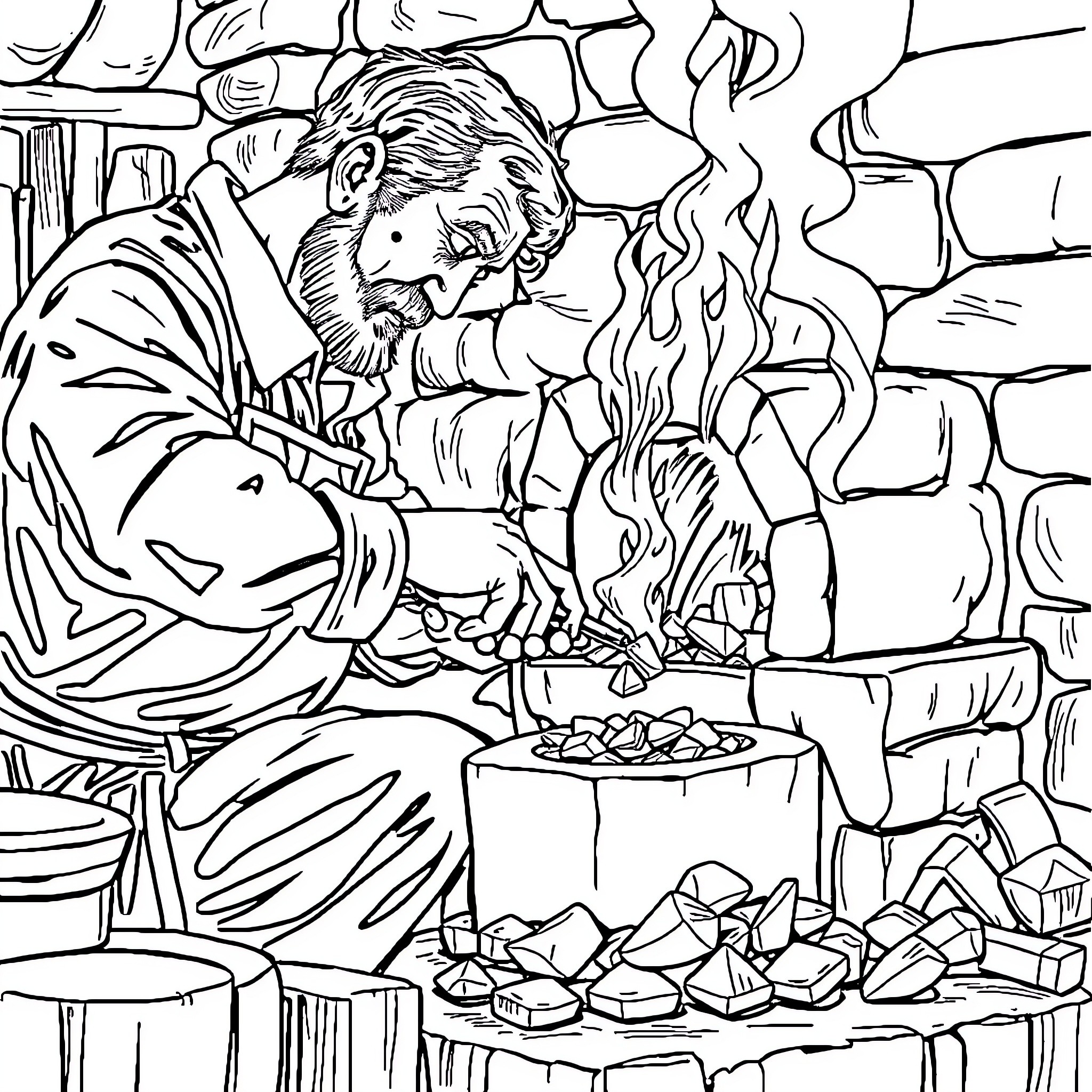Goldsmith crafting jewelry by the fireplace Coloring Page (free black-and-white line drawing printable PDF for all, from beginners to advanced learners, including children, teens, adults, and seniors)