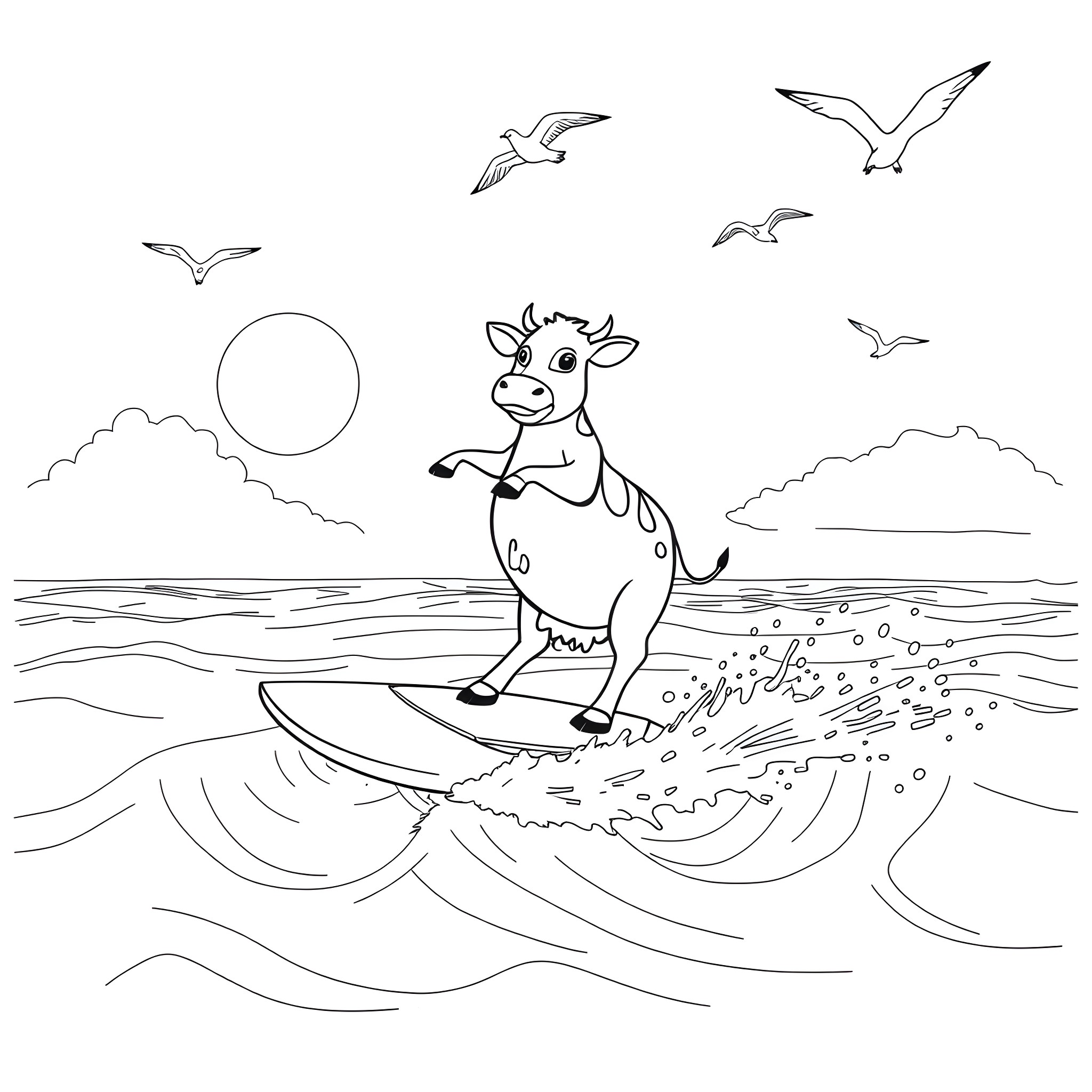 Cow surfing happily in the ocean with seagulls Coloring Page (free black-and-white line drawing printable PDF for all, from beginners to advanced learners, including children, teens, adults, and seniors)