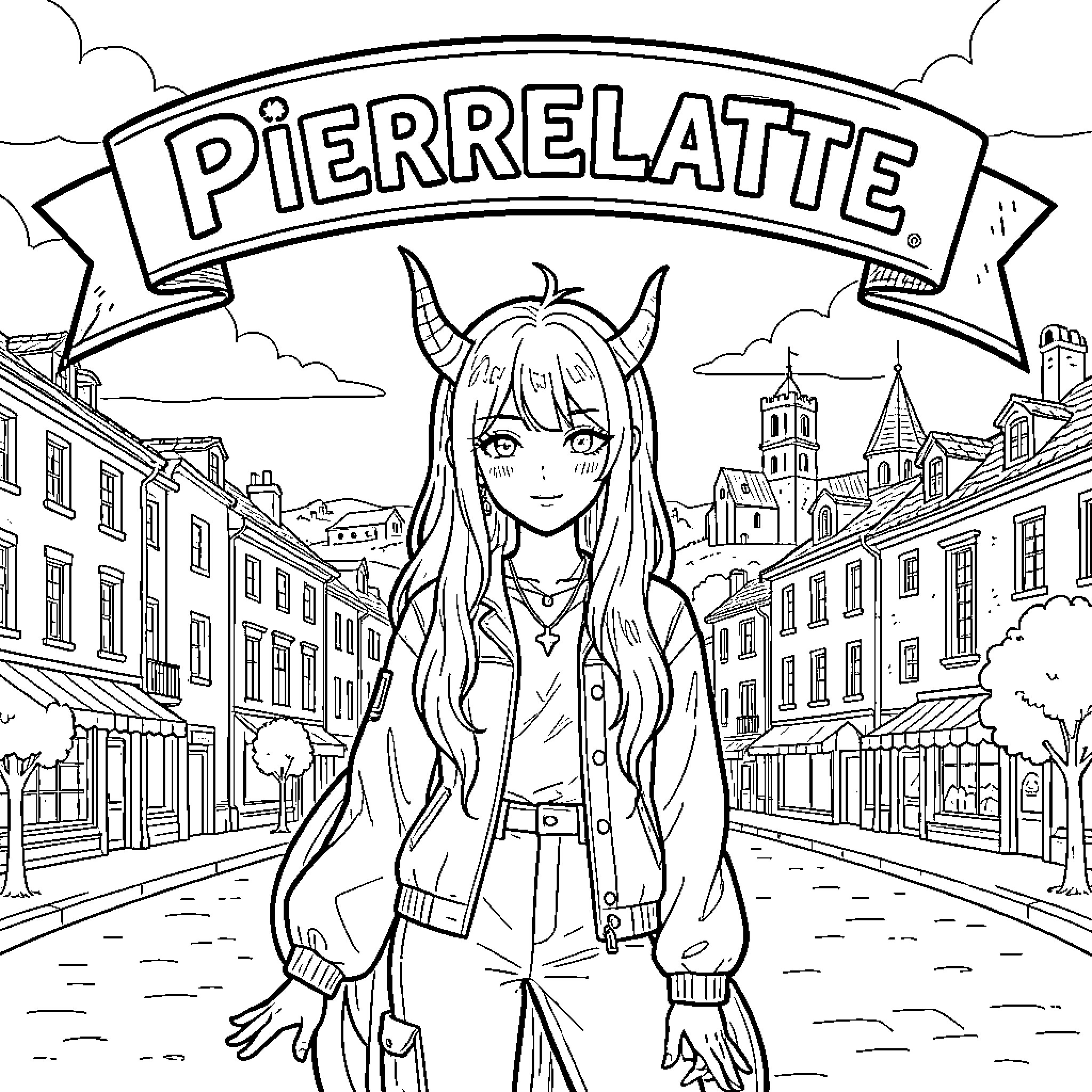Demon girl standing in a charming town street Coloring Page (free black-and-white line drawing printable PDF for all, from beginners to advanced learners, including children, teens, adults, and seniors)