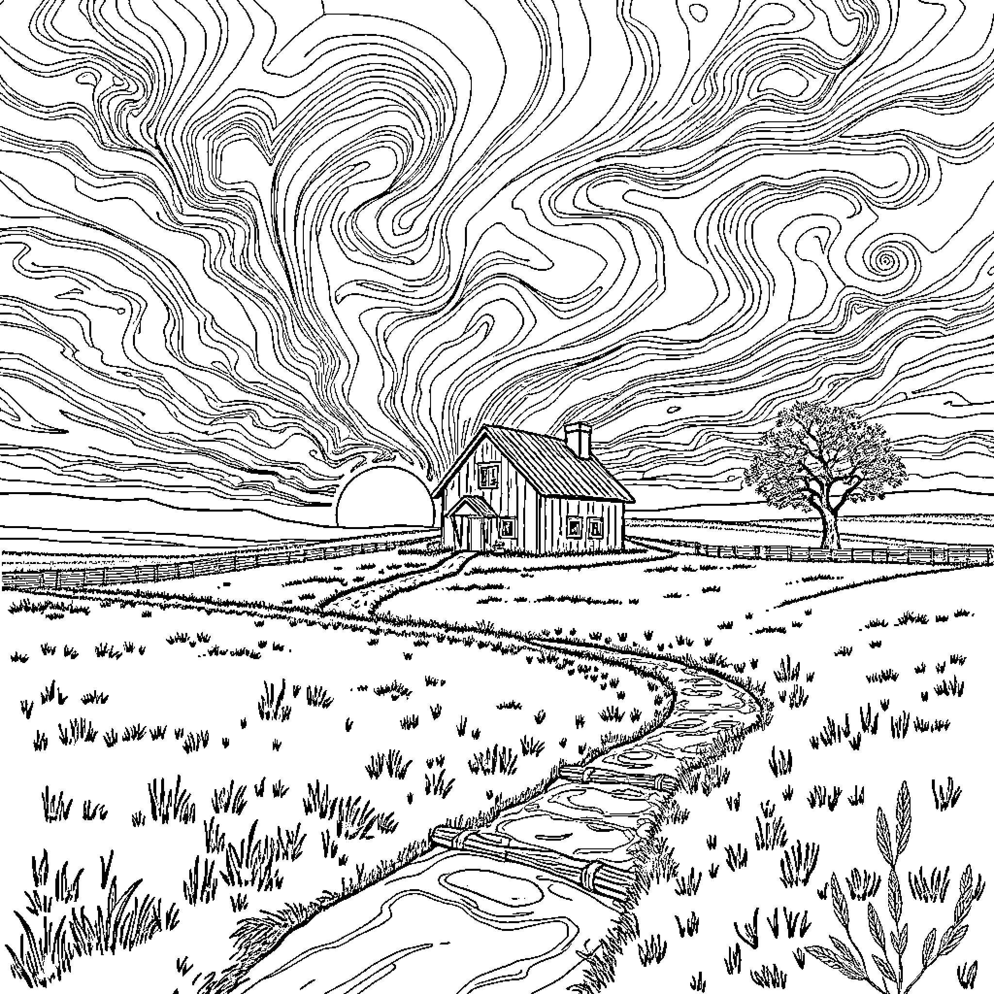 Farmhouse on a countryside landscape Coloring Page (free black-and-white line drawing printable PDF for all, from beginners to advanced learners, including children, teens, adults, and seniors)