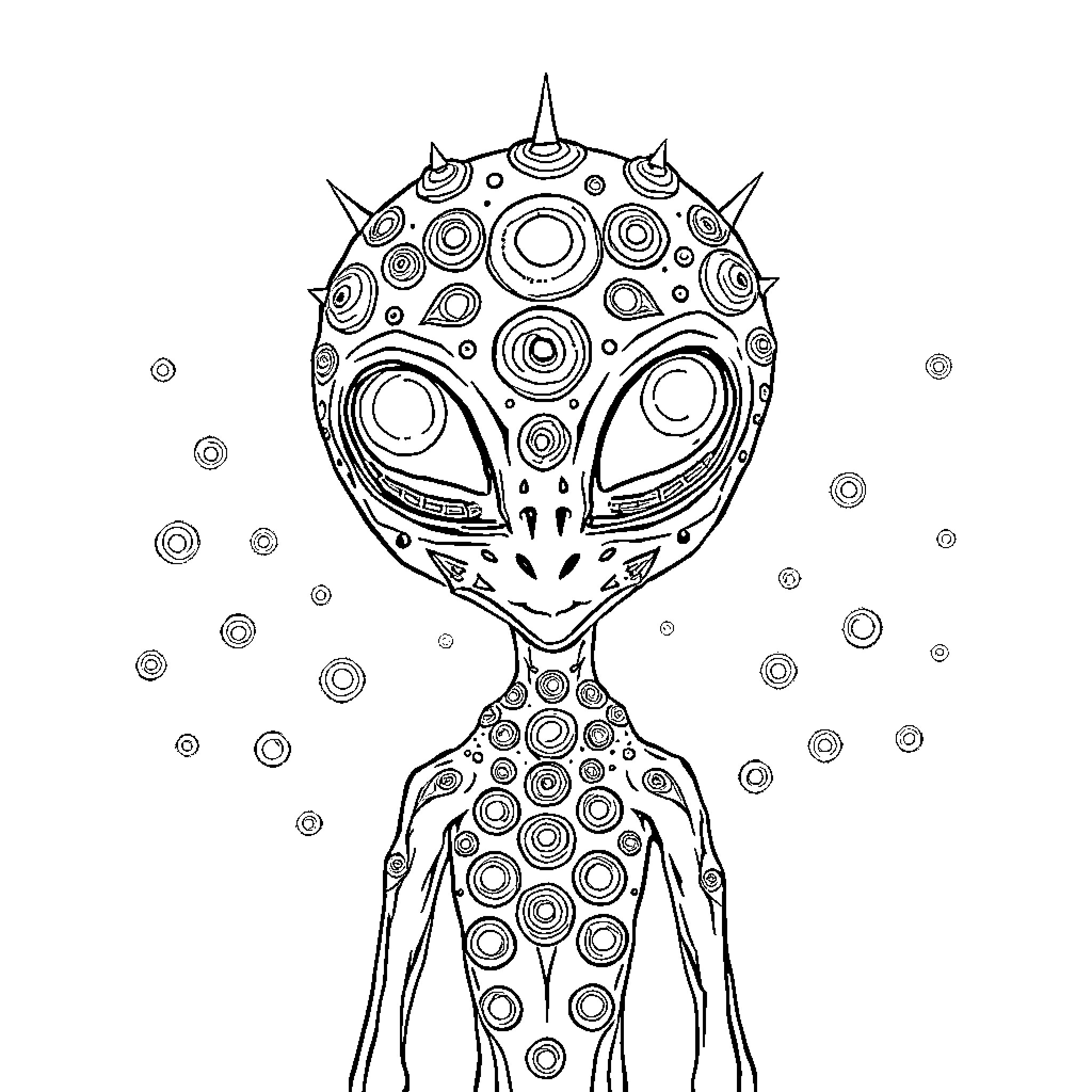 Alien creature with intricate patterns and geometric designs Coloring Page (free black-and-white line drawing printable PDF for all, from beginners to advanced learners, including children, teens, adults, and seniors)