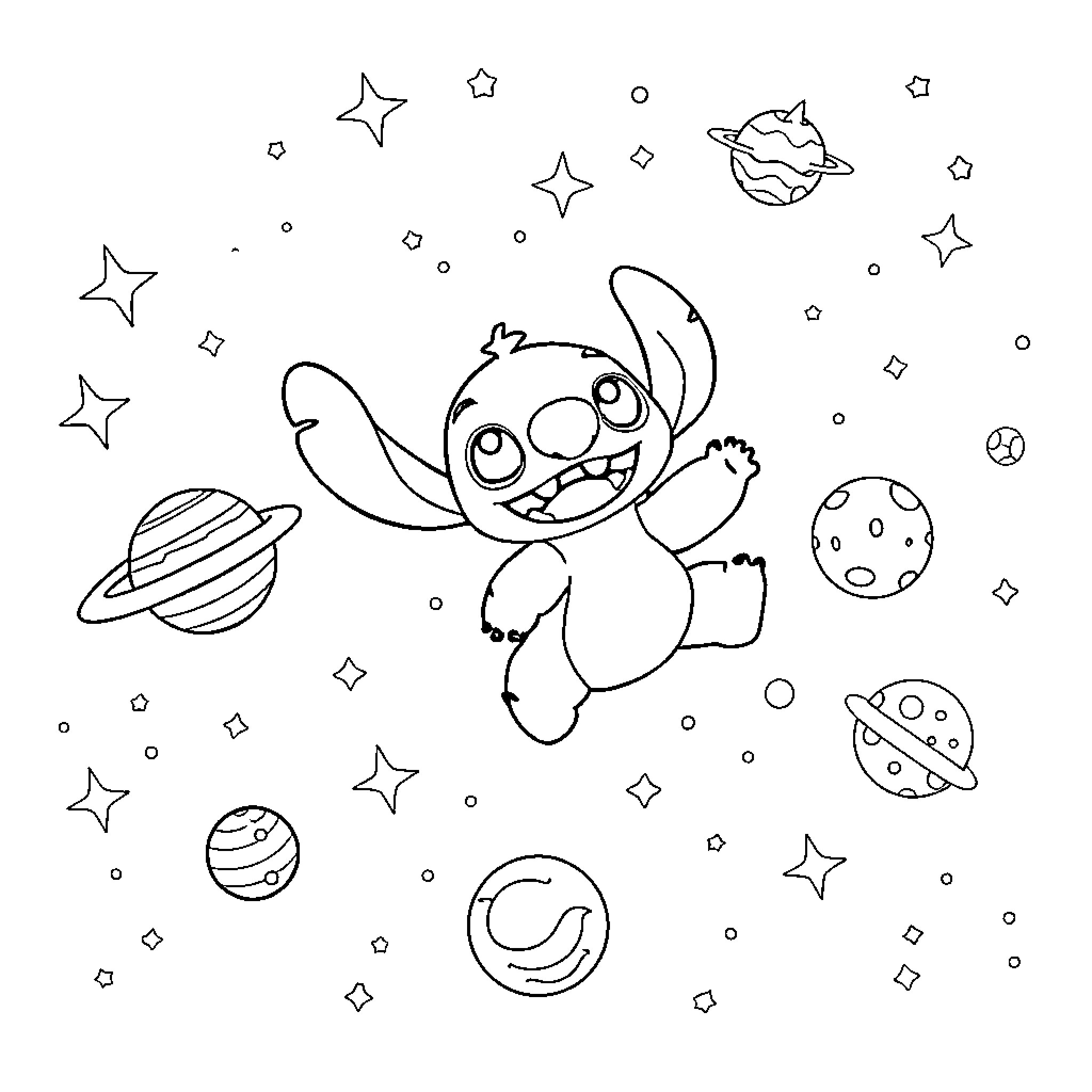 Stitch exploring the starry cosmos Coloring Page (free black-and-white line drawing printable PDF for all, from beginners to advanced learners, including children, teens, adults, and seniors)