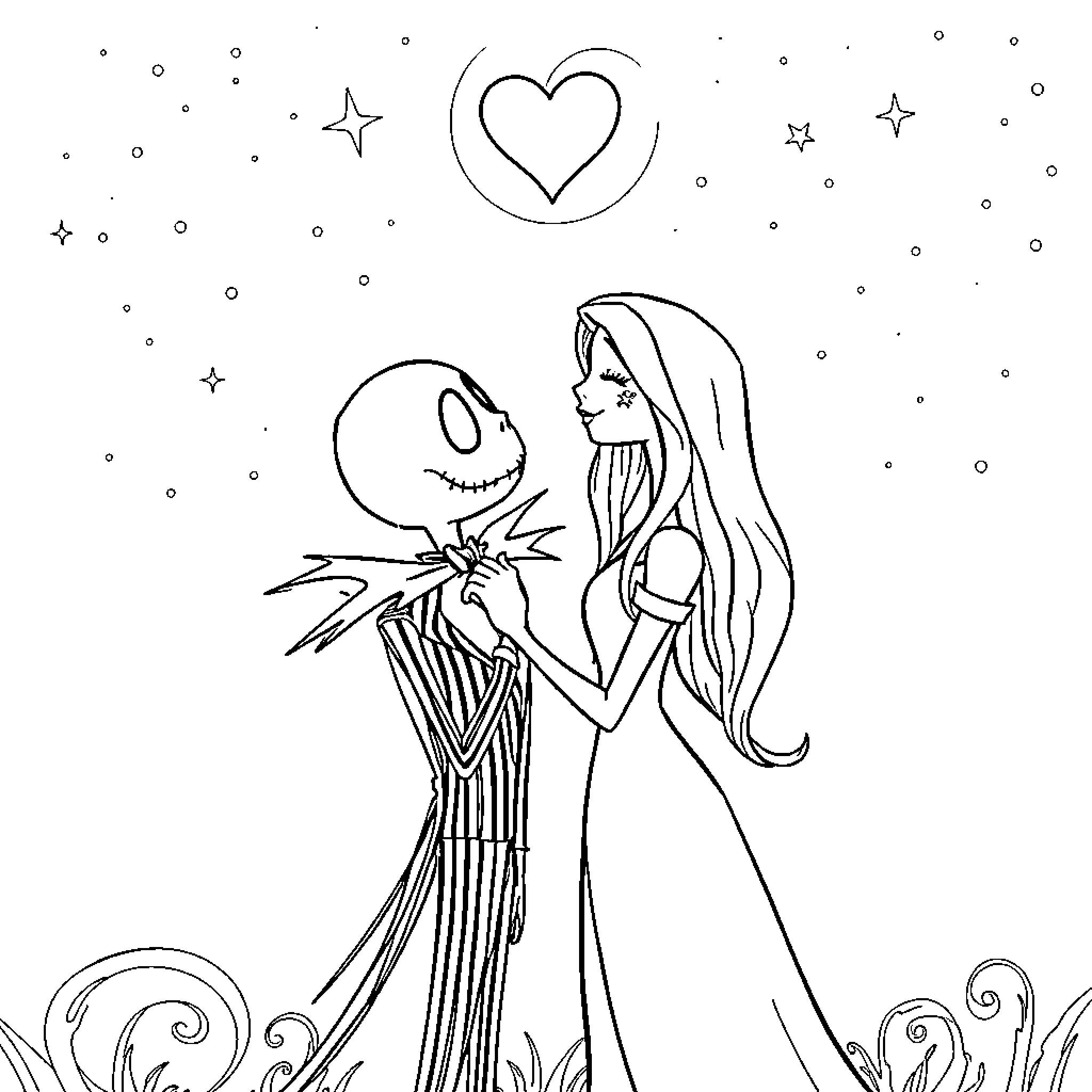 Jack Skellington and Sally in romantic embrace Coloring Page (free black-and-white line drawing printable PDF for all, from beginners to advanced learners, including children, teens, adults, and seniors)