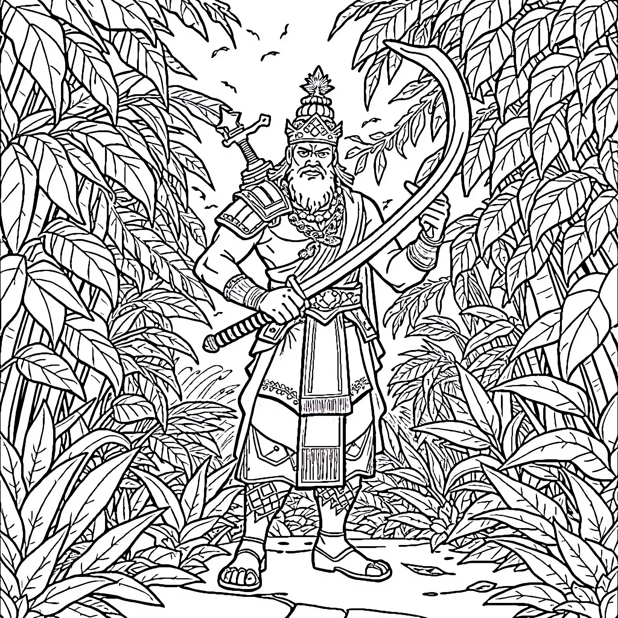 Hang Tuah, the Legendary Warrior in Lush Jungle Surroundings Coloring Page (free black-and-white line drawing printable PDF for all, from beginners to advanced learners, including children, teens, adults, and seniors)