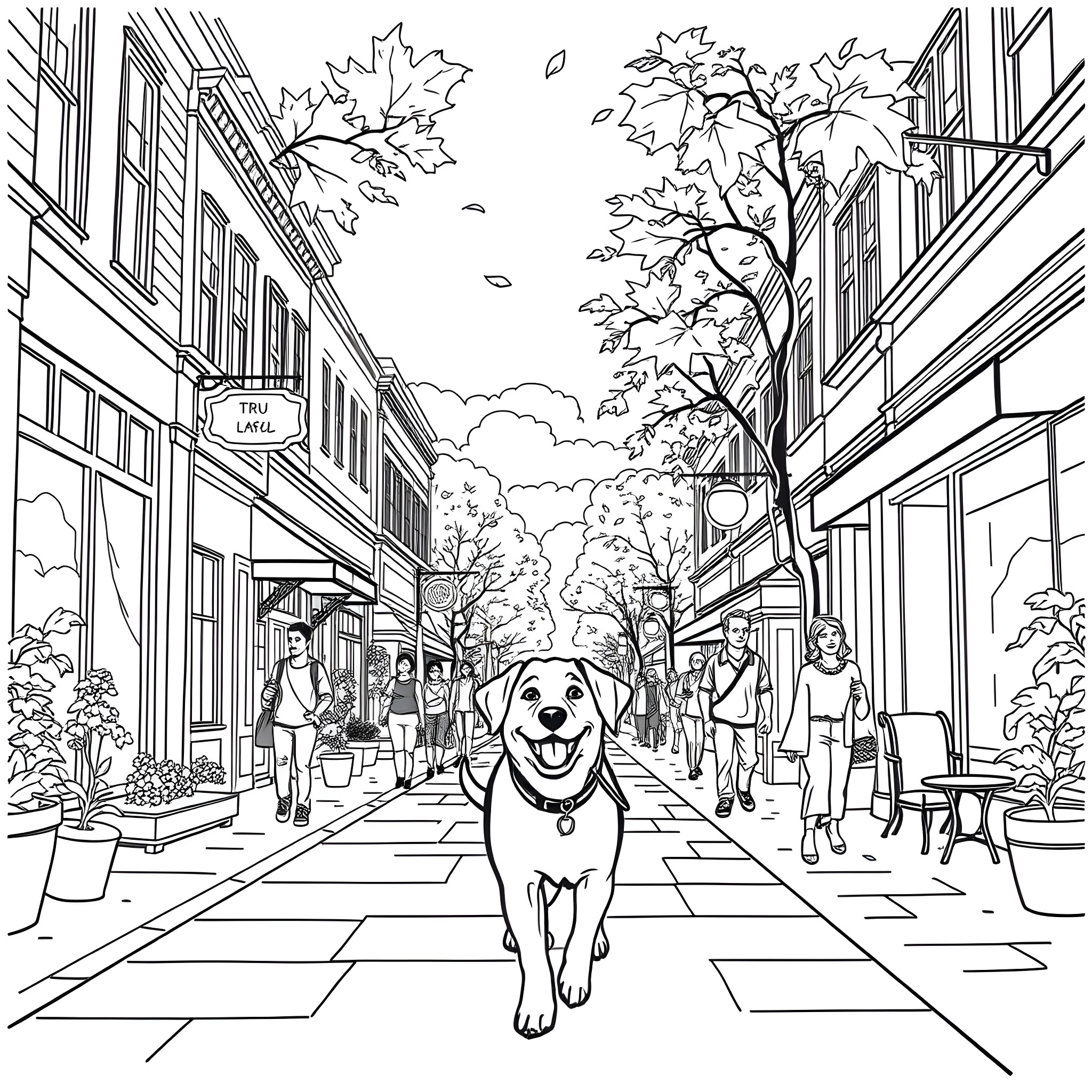 Dog walking happily down the city street Coloring Page (free black-and-white line drawing printable PDF for all, from beginners to advanced learners, including children, teens, adults, and seniors)