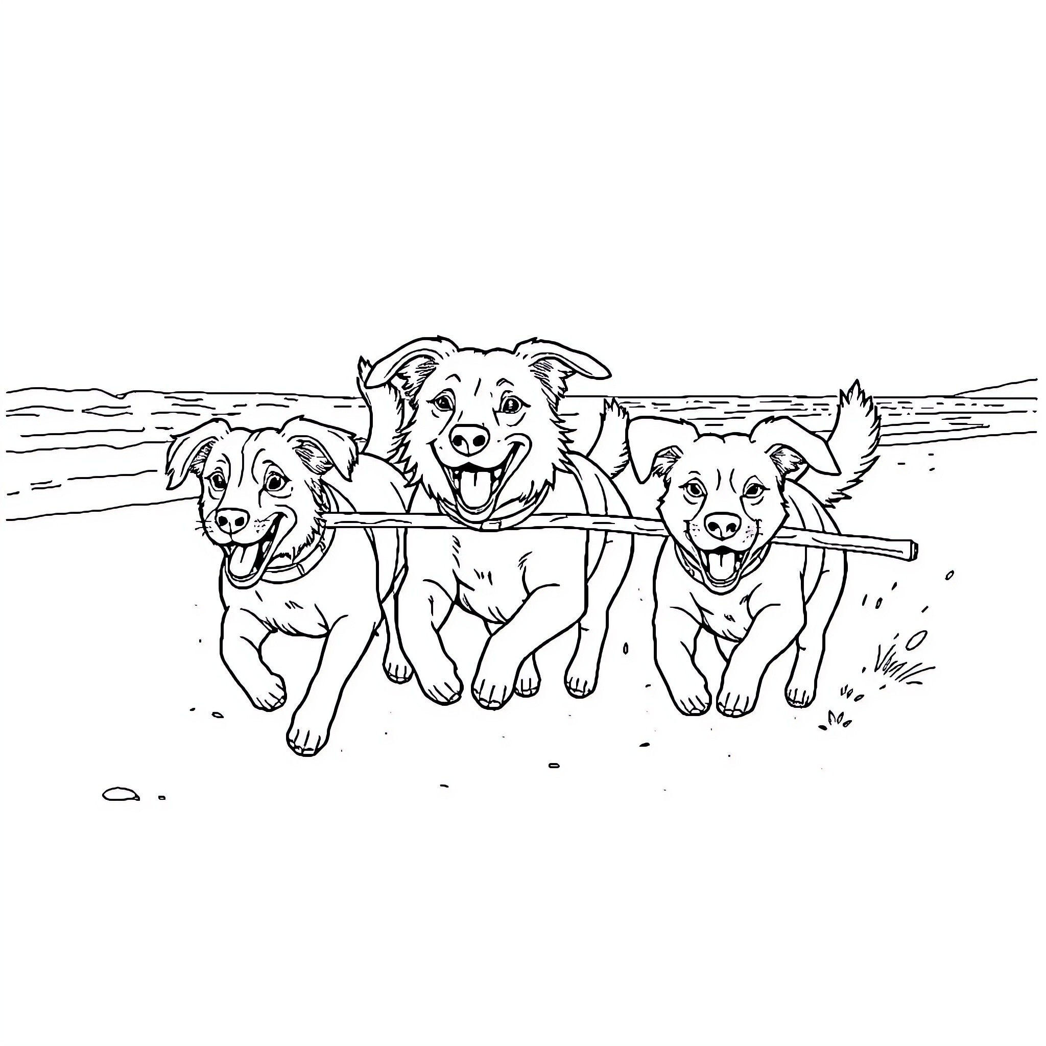 Dog Pack Carrying a Stick Together Coloring Page (free black-and-white line drawing printable PDF for all, from beginners to advanced learners, including children, teens, adults, and seniors)