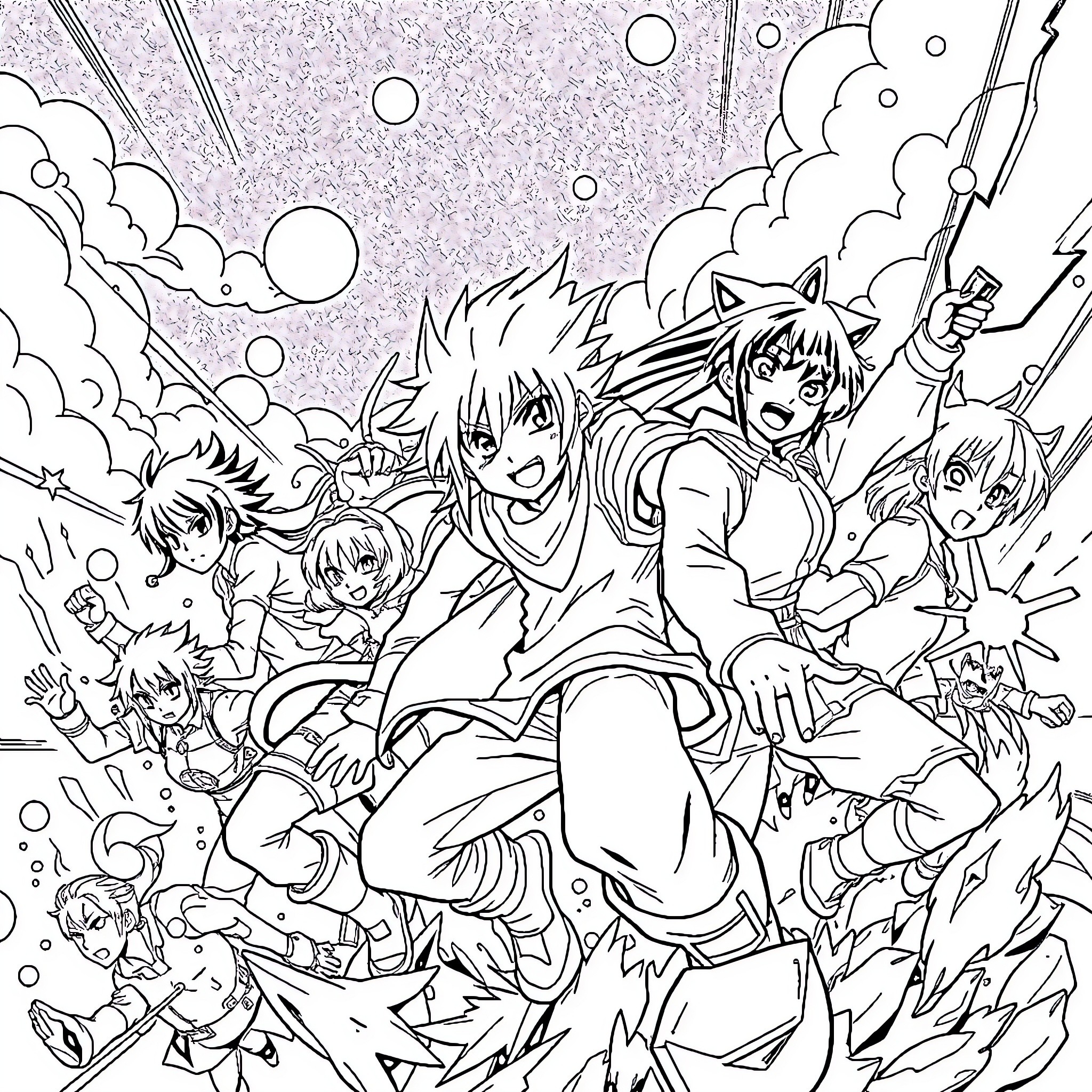 Anime Characters in Dramatic Action Scene Coloring Page (free black-and-white line drawing printable PDF for all, from beginners to advanced learners, including children, teens, adults, and seniors)