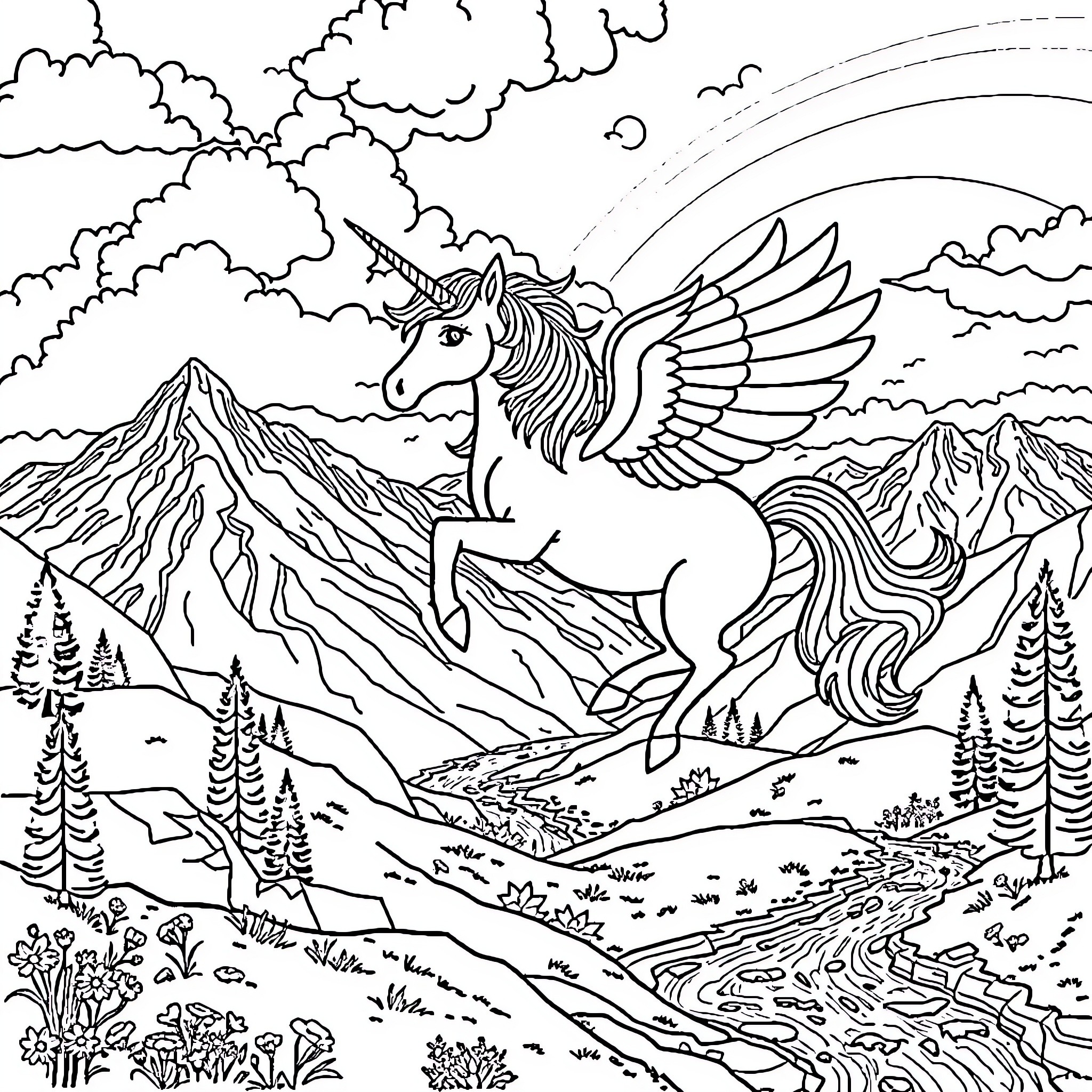 Unicorn soaring gracefully through enchanting mountain landscape Coloring Page (free black-and-white line drawing printable PDF for all, from beginners to advanced learners, including children, teens, adults, and seniors)