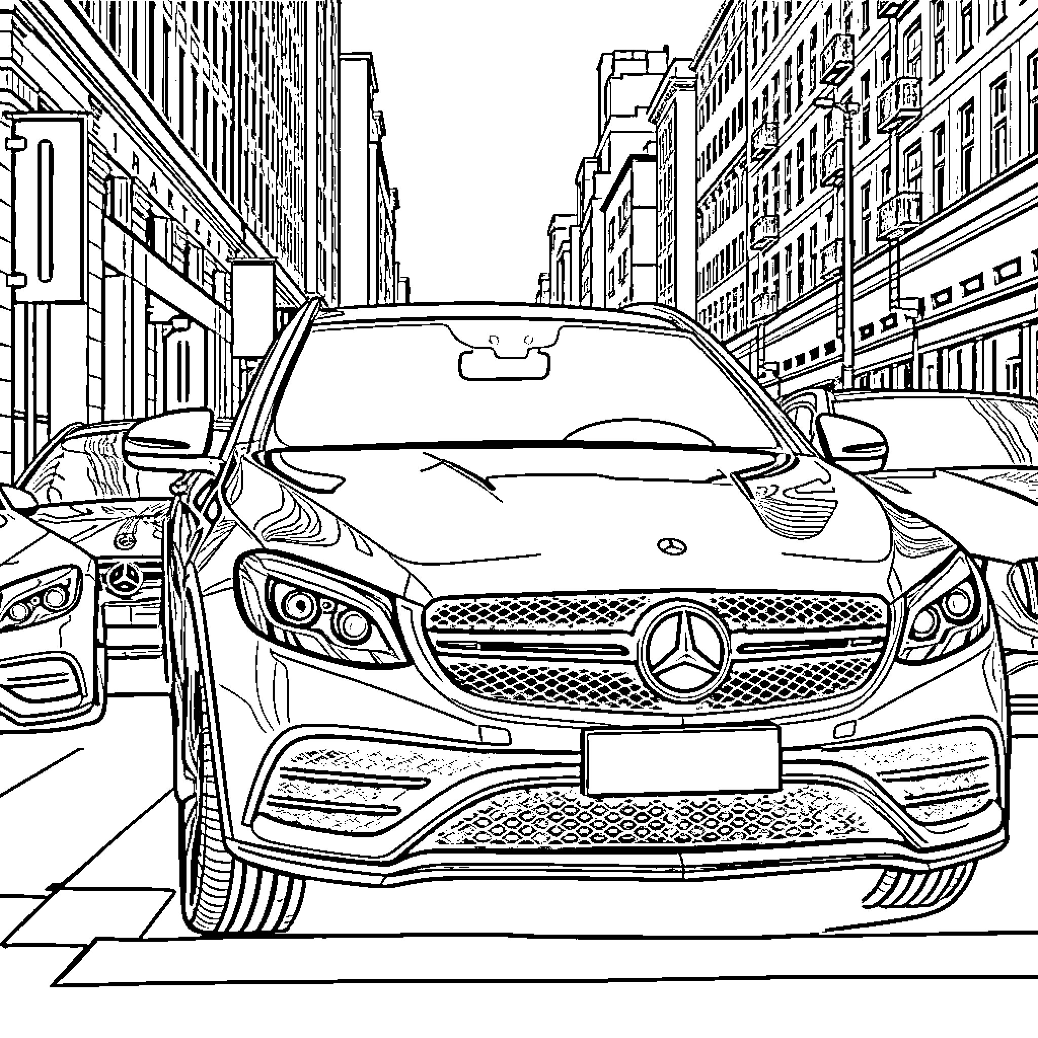Mercedes-Benz Luxury Car in Urban City Landscape Coloring Page (free black-and-white line drawing printable PDF for all, from beginners to advanced learners, including children, teens, adults, and seniors)