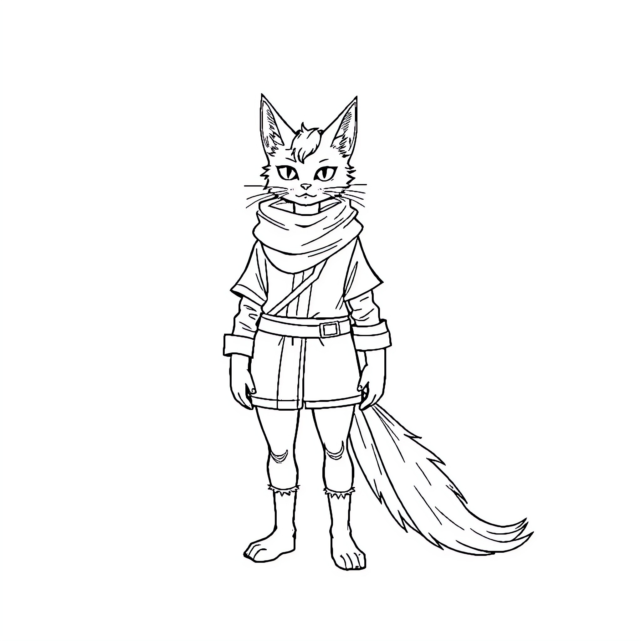 Cat Person in Adventure Outfit Coloring Page (free black-and-white line drawing printable PDF for all, from beginners to advanced learners, including children, teens, adults, and seniors)