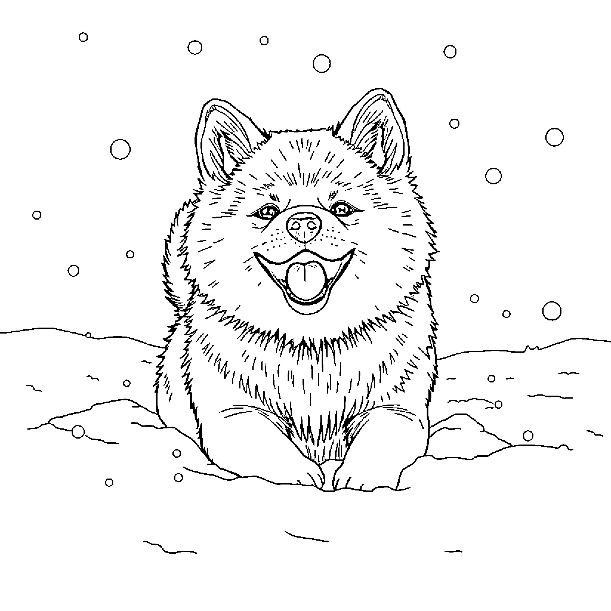 Shiba Inu Enjoying the Snowy Landscape Coloring Page (free black-and-white line drawing printable PDF for all, from beginners to advanced learners, including children, teens, adults, and seniors)